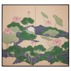 Japanese Two Panel Screen, Lotus Leaves and Blossoms