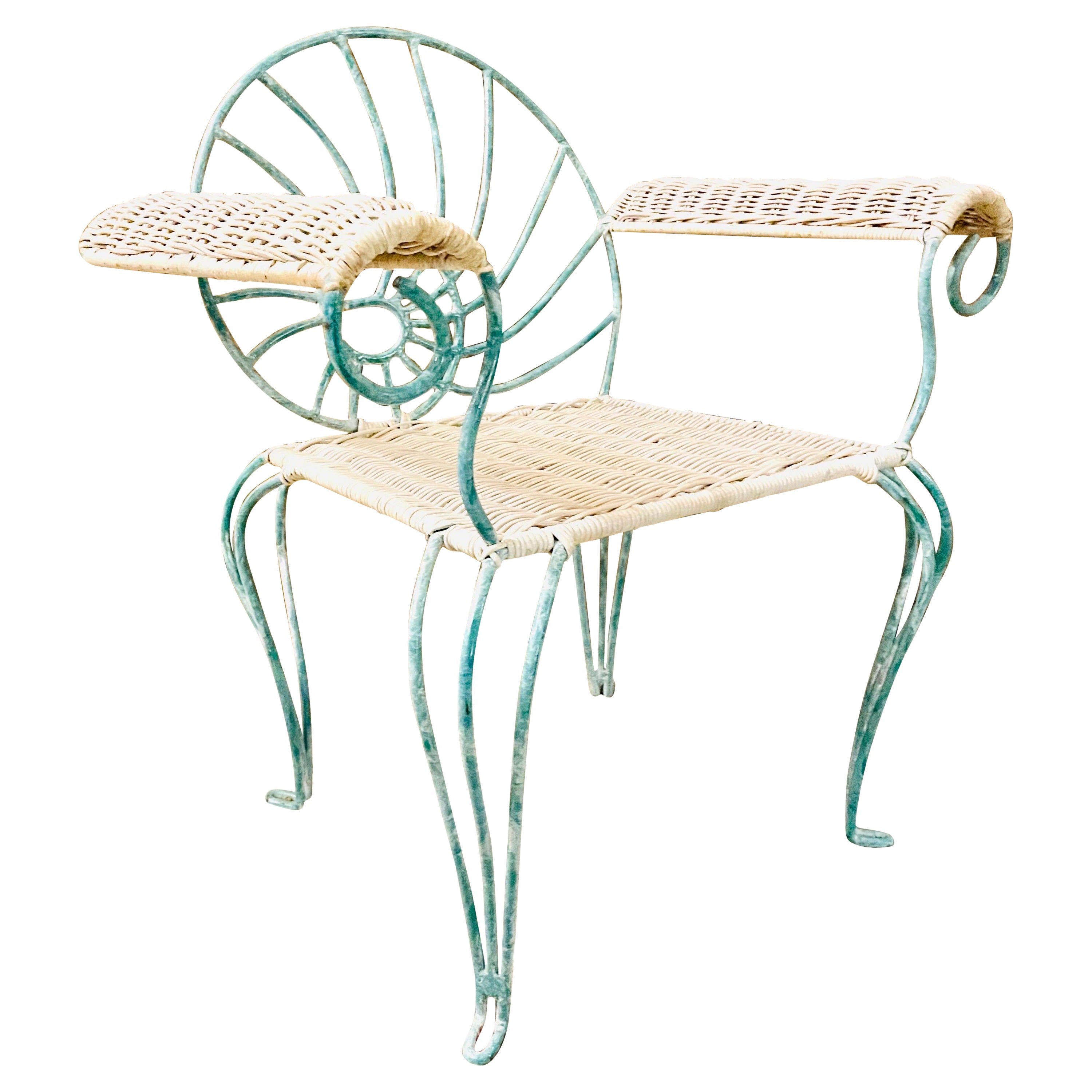 Vintage Wrought Iron Seating Antique Teal Shell Arm Chair For Sale