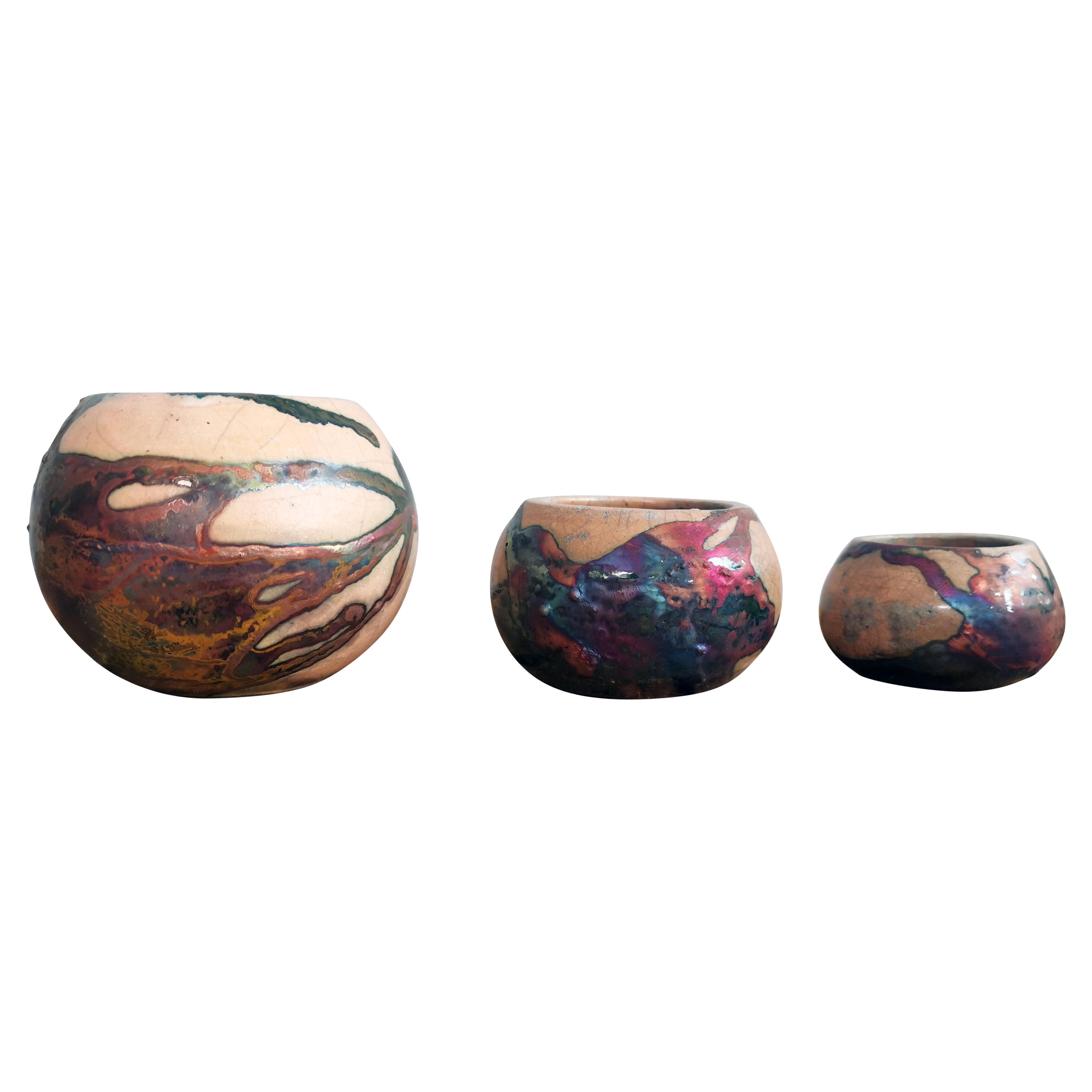 Tsuchi Raku Mini Planter Pot Set of 3 - Half Copper Matte - Handmade Ceramic For Sale