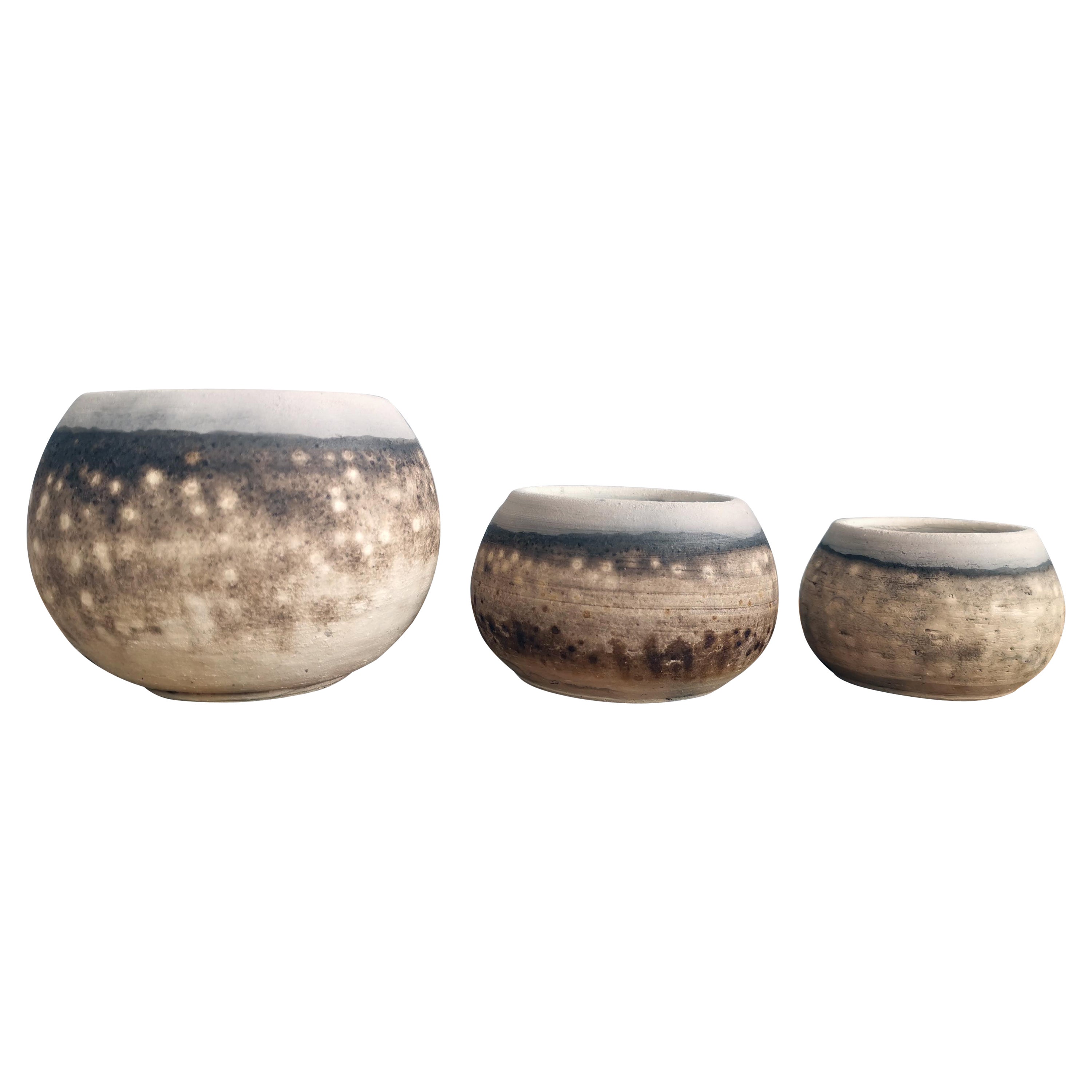 Tsuchi Raku Mini Planter Pot Set of 3, Obvara, Handmade Ceramic For Sale