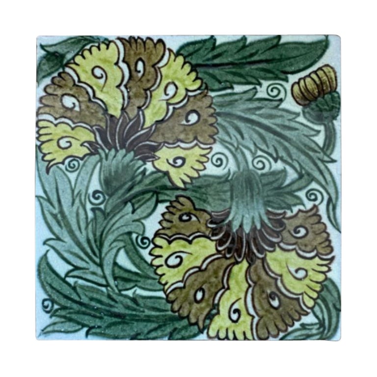 Large William De Morgan Tile Decorated with “Double Carnation” Design, 1888-97