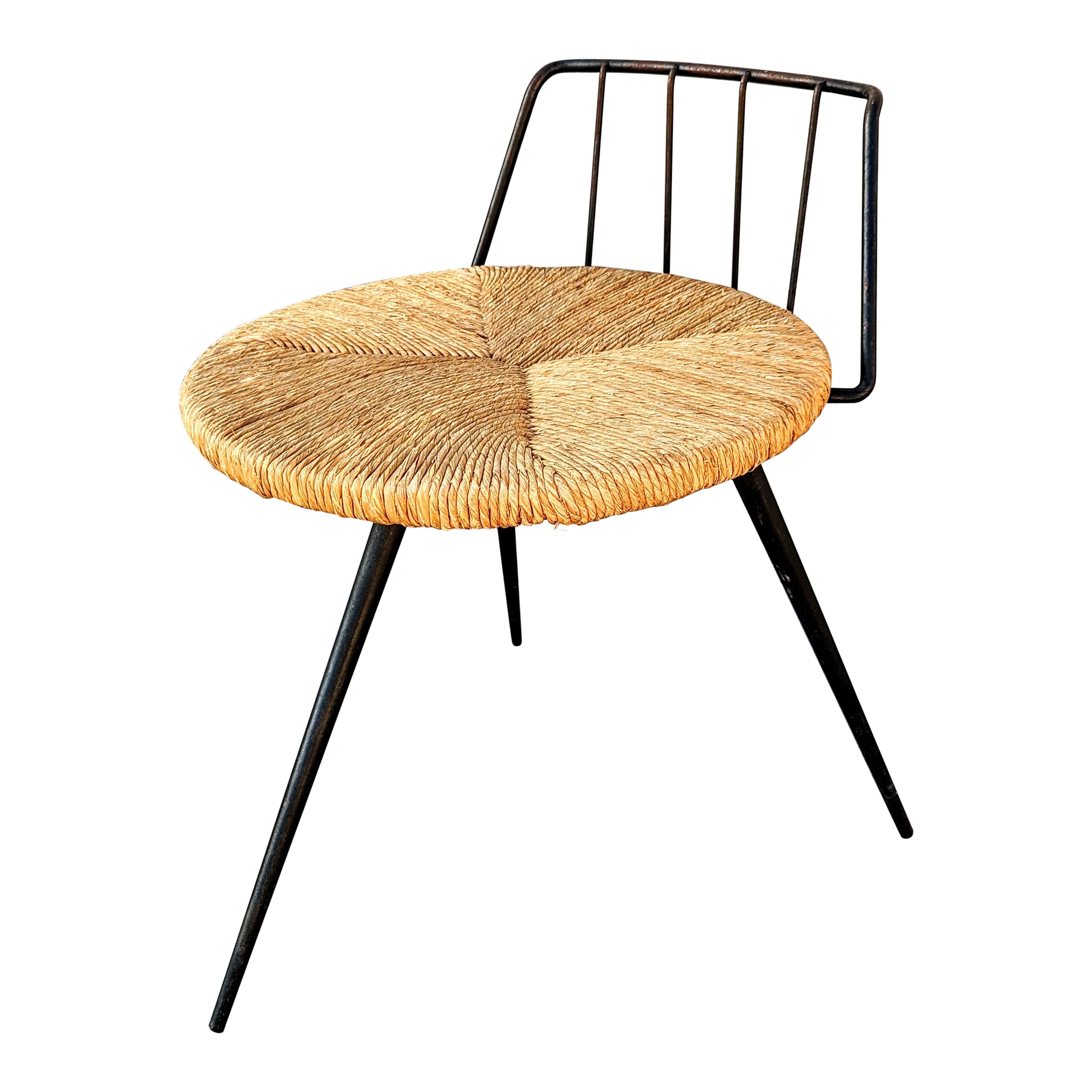 Iron and Straw Stool, France 1960s