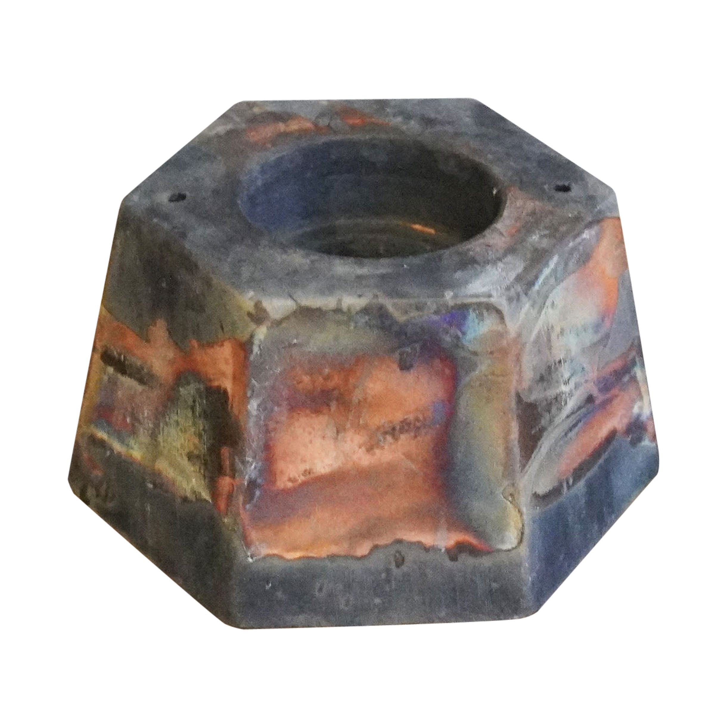 Keihatsu Raku Tealight Candle Holder - Carbon Copper - Handmade Ceramic Pottery For Sale