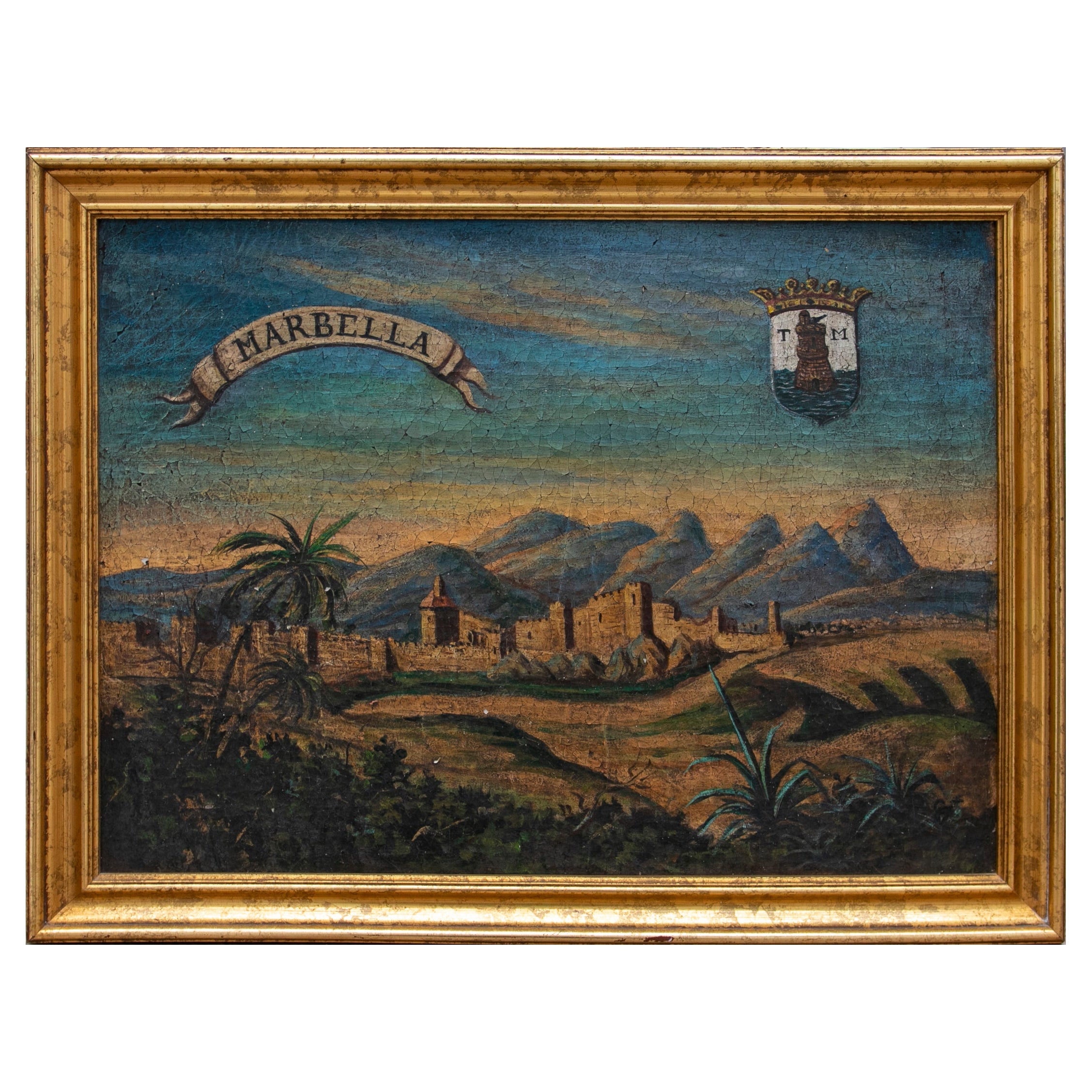 Decorative Oil on Canvas Painting of the City of Marbella  For Sale