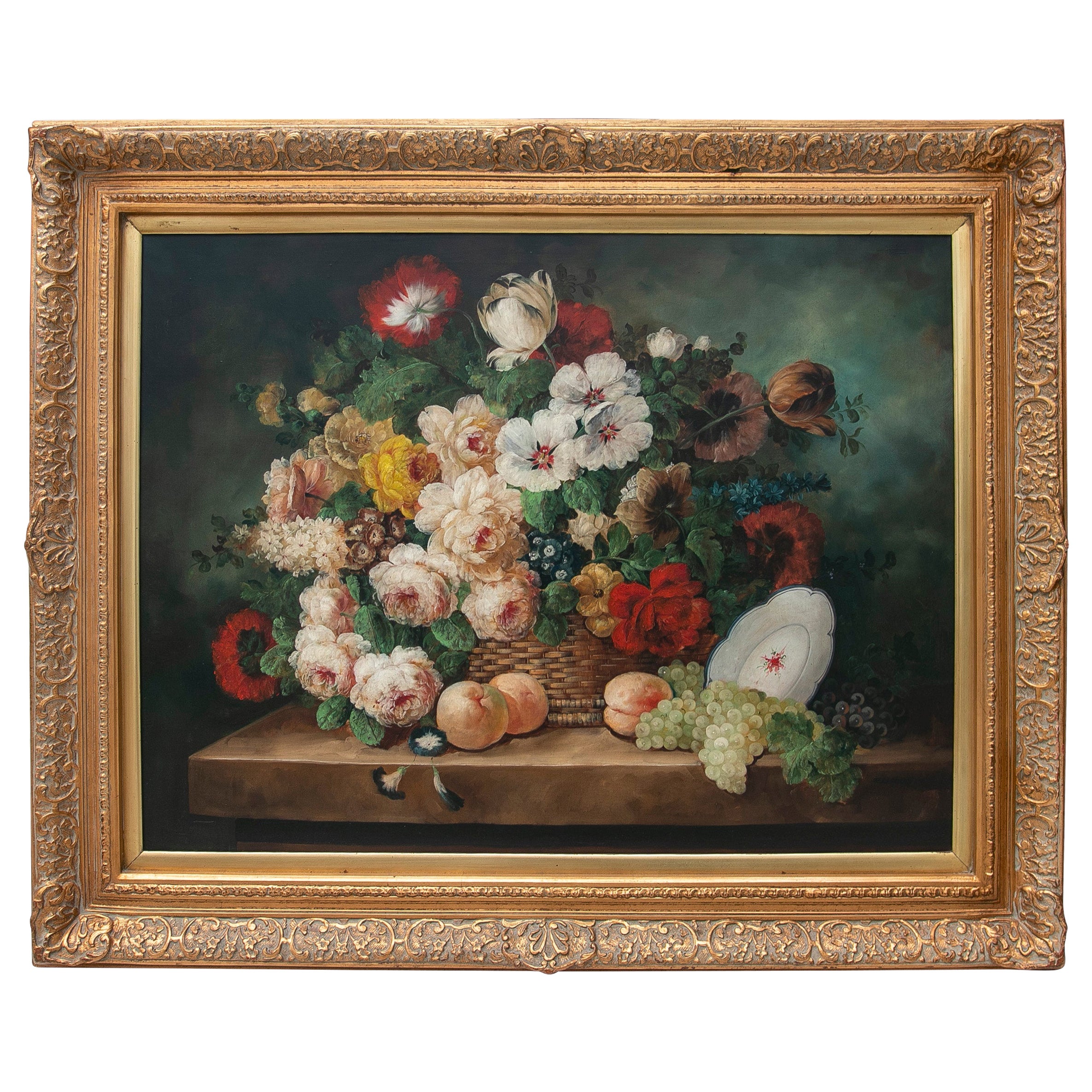 Decorative Hand-Painted Painting of Flowers in Oil on Canvas with Golden Frame For Sale