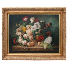 Decorative Hand-Painted Painting of Flowers in Oil on Canvas with Golden Frame