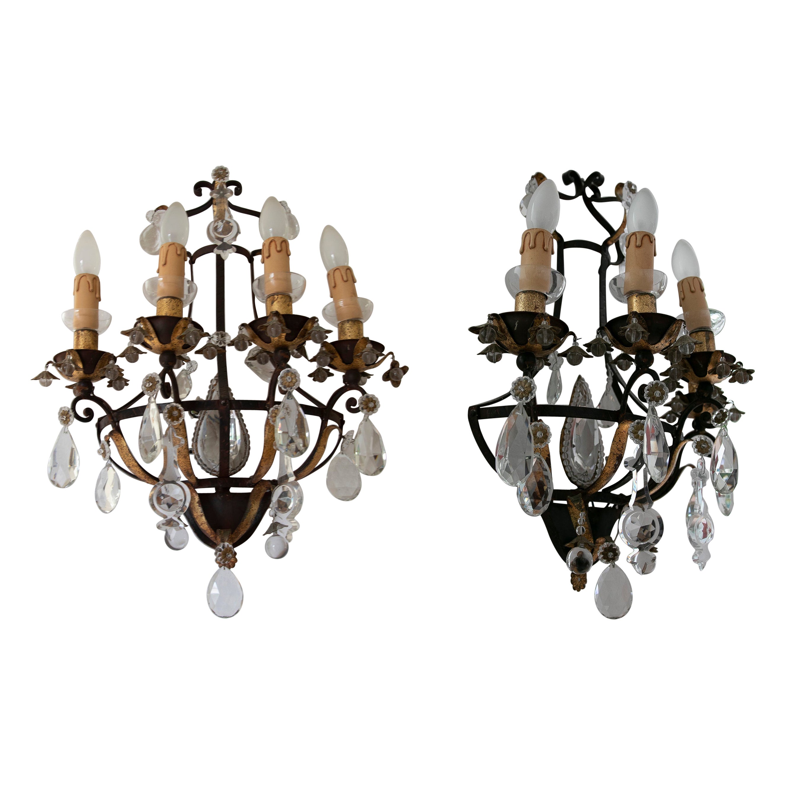 19th Century French Pair of Iron and Glass Wall Lights