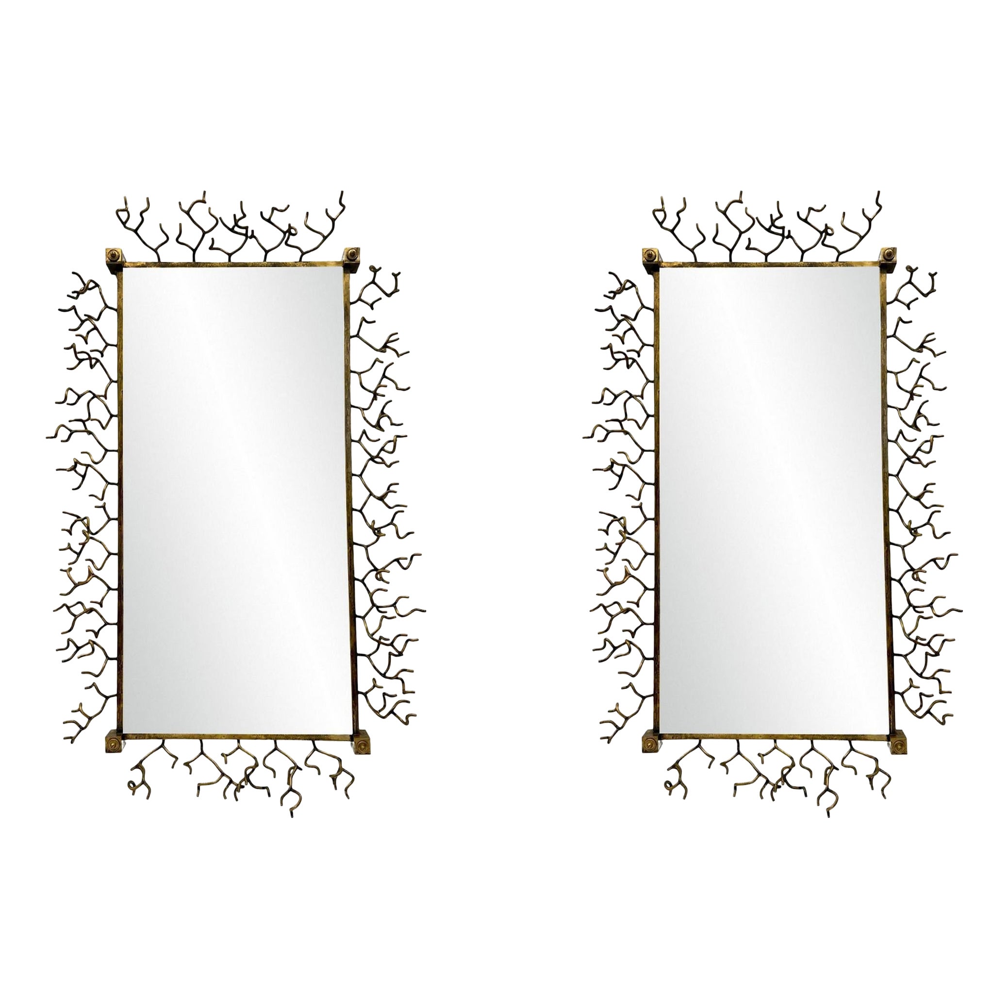 Pair of Neoclassical Mirrors in Bronze with Frame in Imitation of Coral