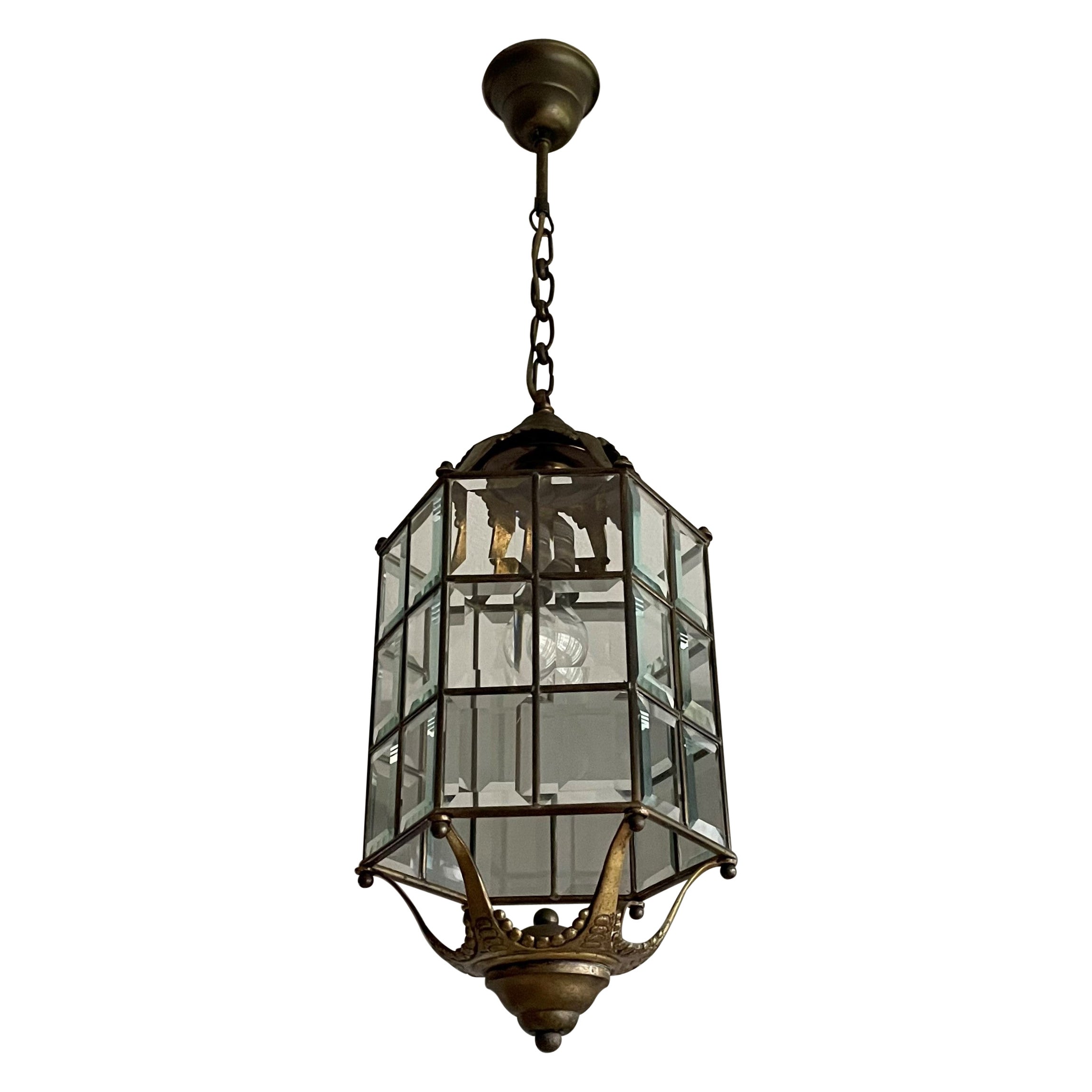 Late Arts and Crafts, Early Art Deco Bronze, Brass & Beveled Glass Pendant Light For Sale