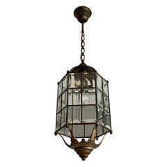 Late Arts and Crafts, Early Art Deco Bronze, Brass & Beveled Glass Pendant Light
