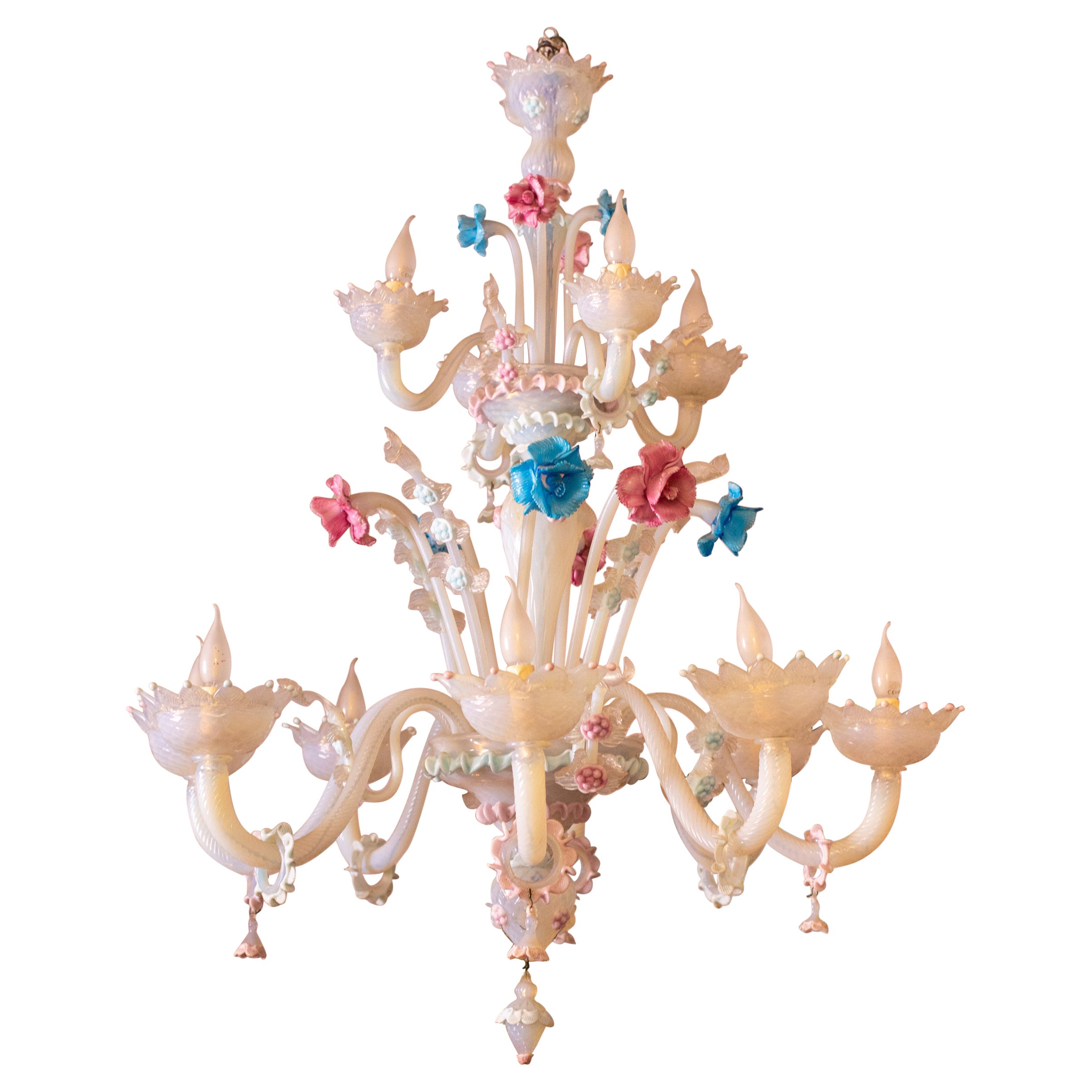 Monumental lustre Murano à fleurs vénitiennes, 12 bras de lumière, années 1950 en vente
