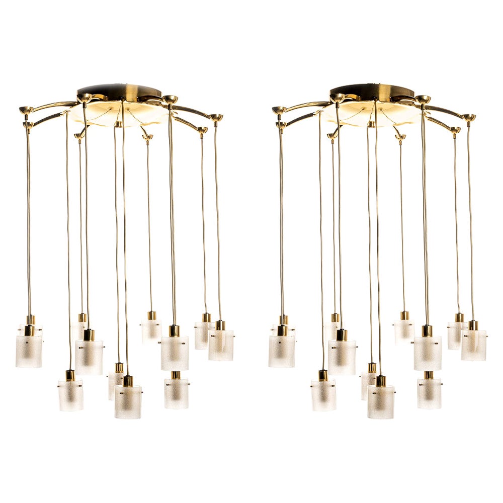 Set of Large Brass and Glass Chandeliers For Sale
