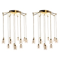 Vintage Set of Large Brass and Glass Chandeliers