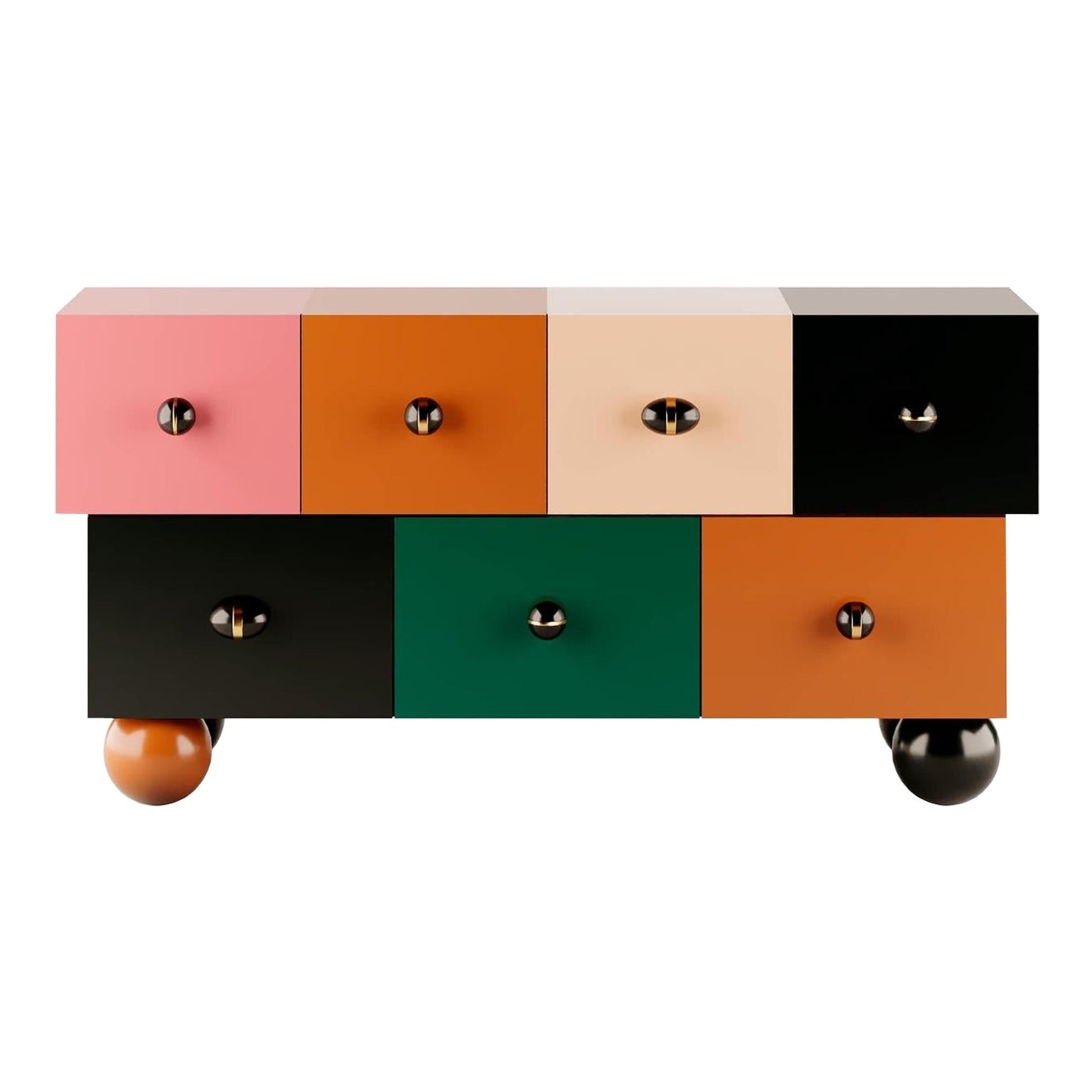 Mehrfarbig lackiertes Sideboard im postmodernen Stil in Rosa, Grün, Orange und Schwarz