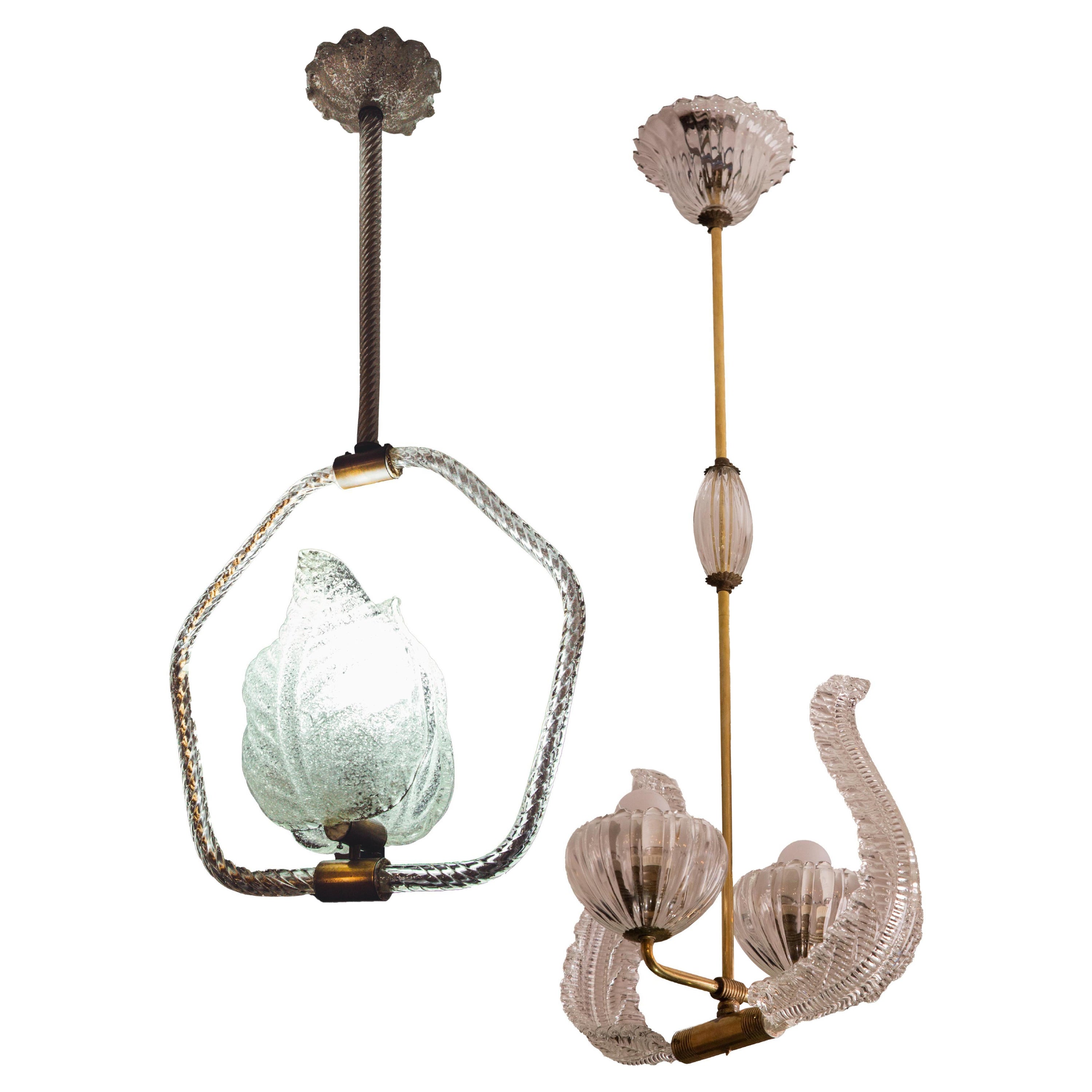 Merveilleuse paire de suspensions lumineuses Barovier&Toso, verre de Murano, années 1950