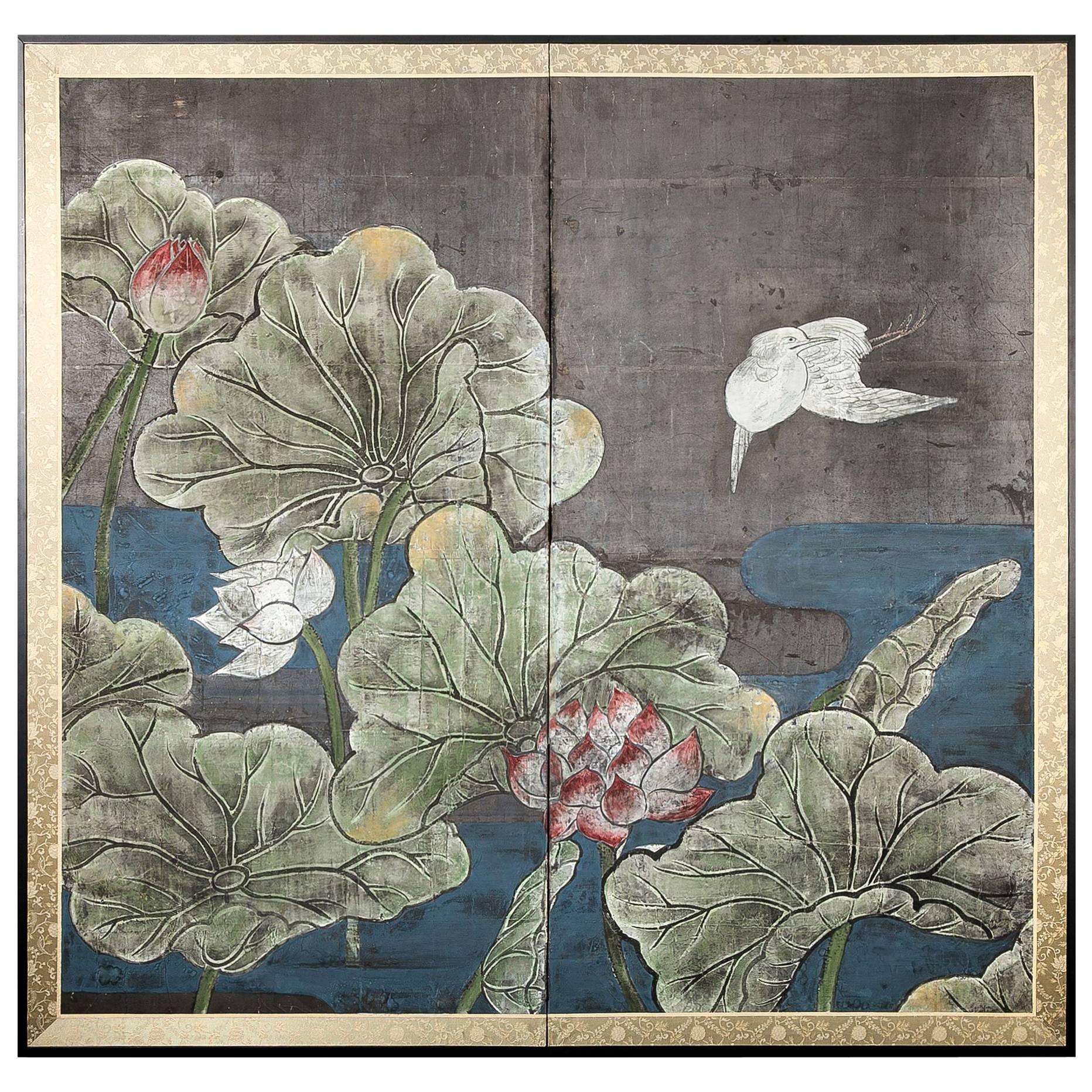 Japanese Two Panel Screen, Lotus and Heron