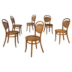 French Antique Set of Six Beech and Vienna Straw Thonet Chairs, with Brand 1900s