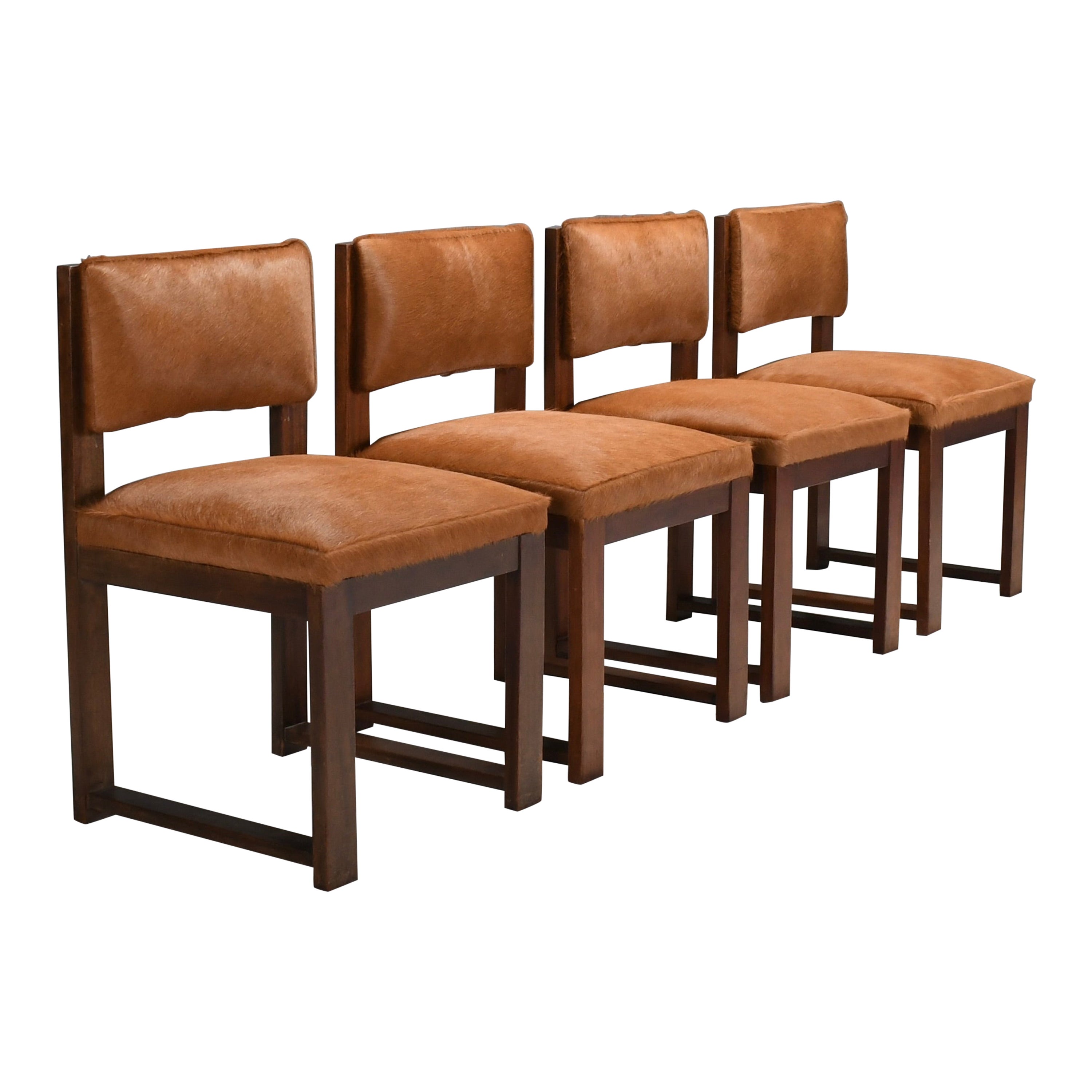Set of 4 Minimalist Art Deco Dining Chairs in Cowhide, Netherlands, 1940s  For Sale