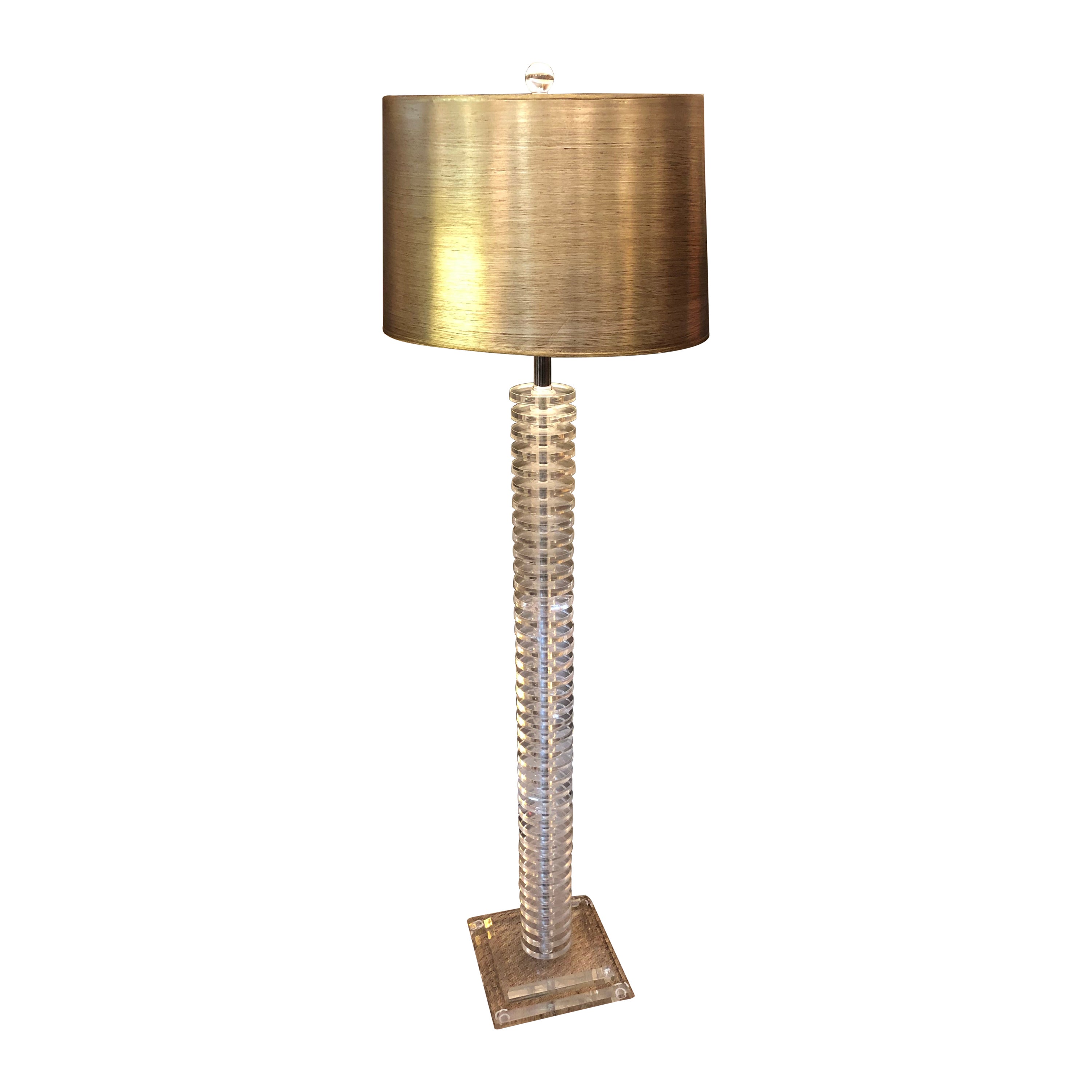 Glamorous Lucite Floor Lamp with Metallic Gold Shade For Sale