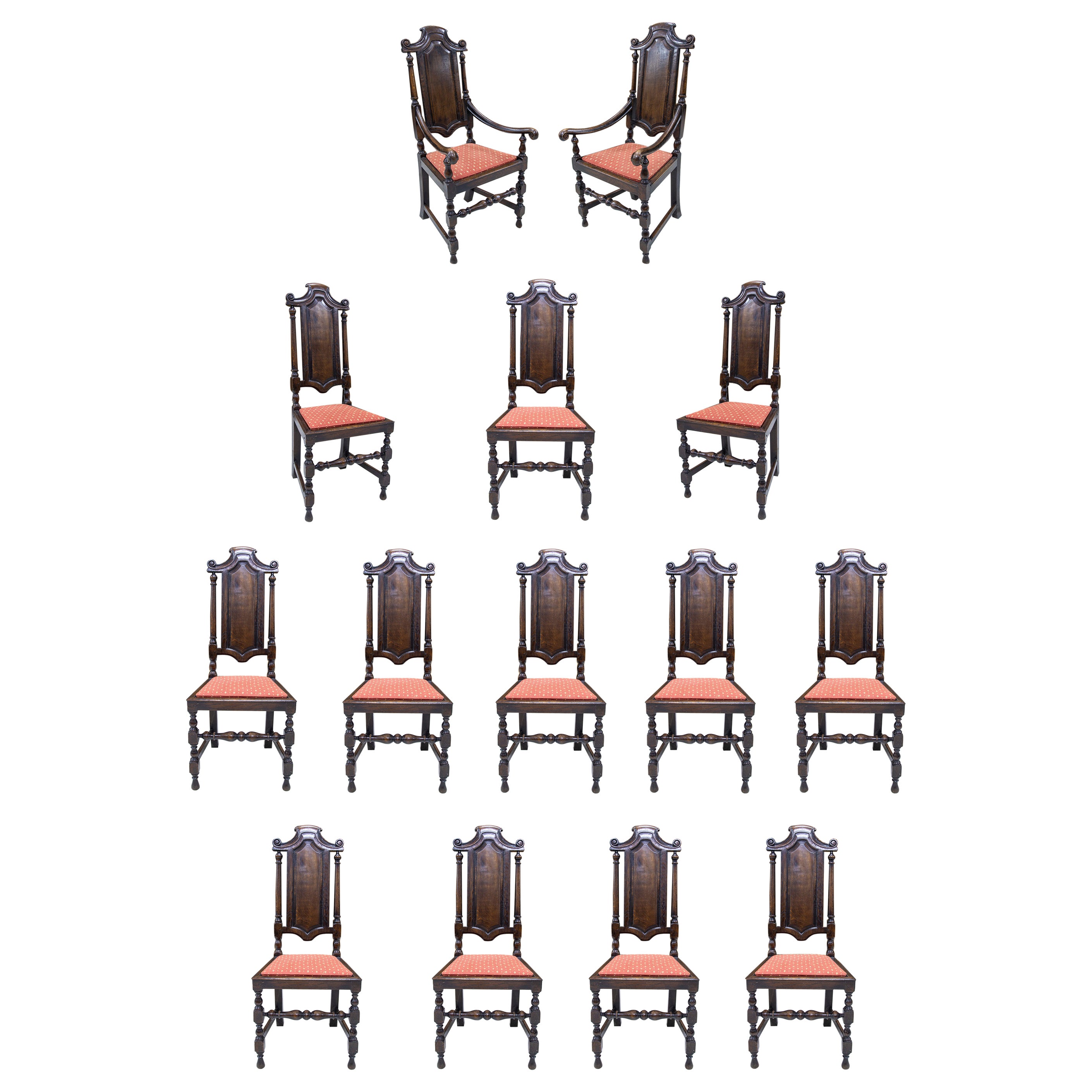 French Set of Ten Hand-Carved Wooden Chairs and Two Armchairs