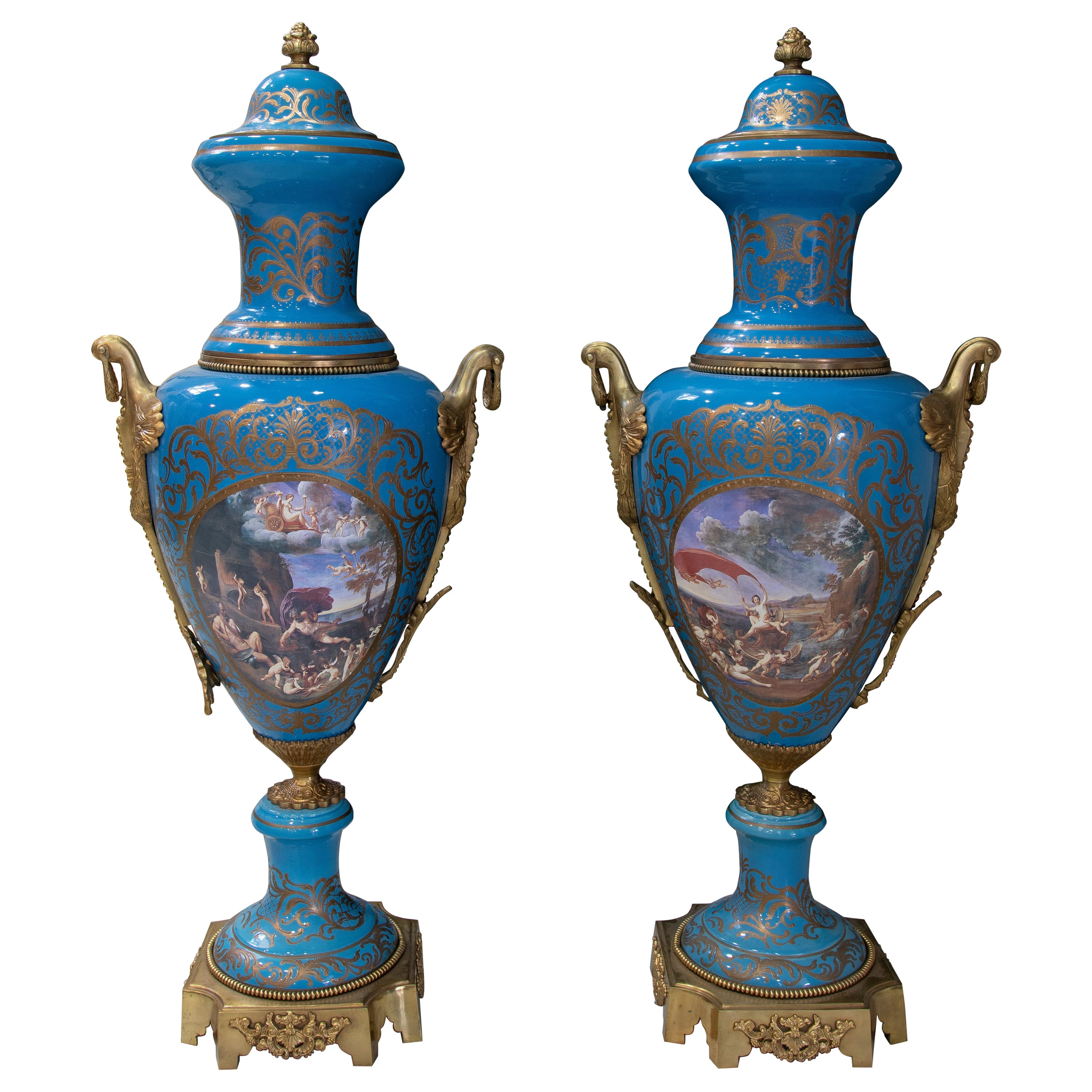 Pair of Hand-Painted Porcelain Vases with Bronze Handles
