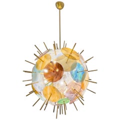 Italian Contemporary Brass & Pastel Murano Glass Sputnik Round Sphere Chandelier