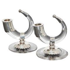 Pair of Victorian Silver and Crystal Horn-Shaped Candlesticks