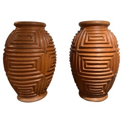 Large Pair Geometric Design Terracotta Urns