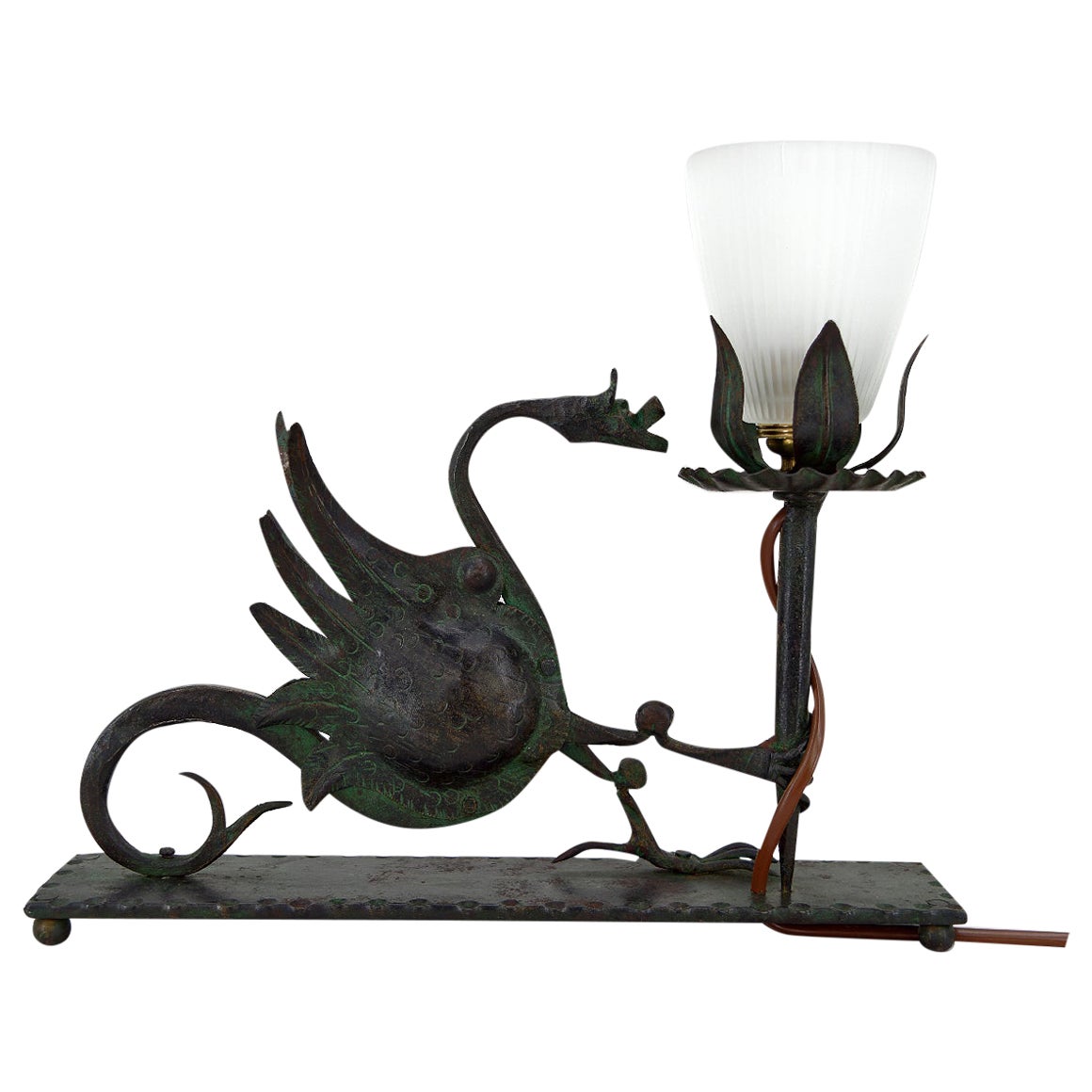 Lampada da tavolo in ferro battuto con drago, Italia, circa 1900