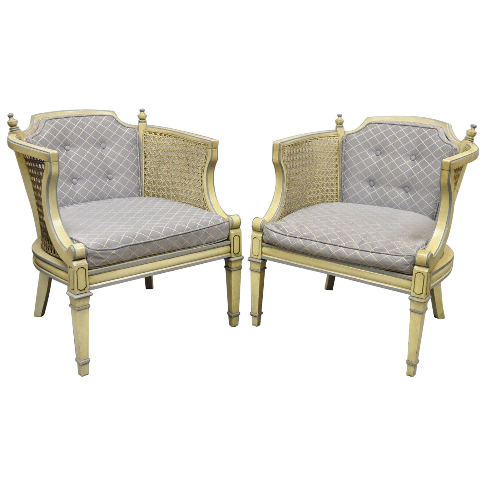 Vintage Hollywood Regency Cream Painted Cane Side Club Lounge Chairs, Pair For Sale