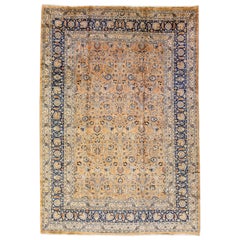 Antique Persian Mashad Handmade Tan Wool Rug with Allover Motif