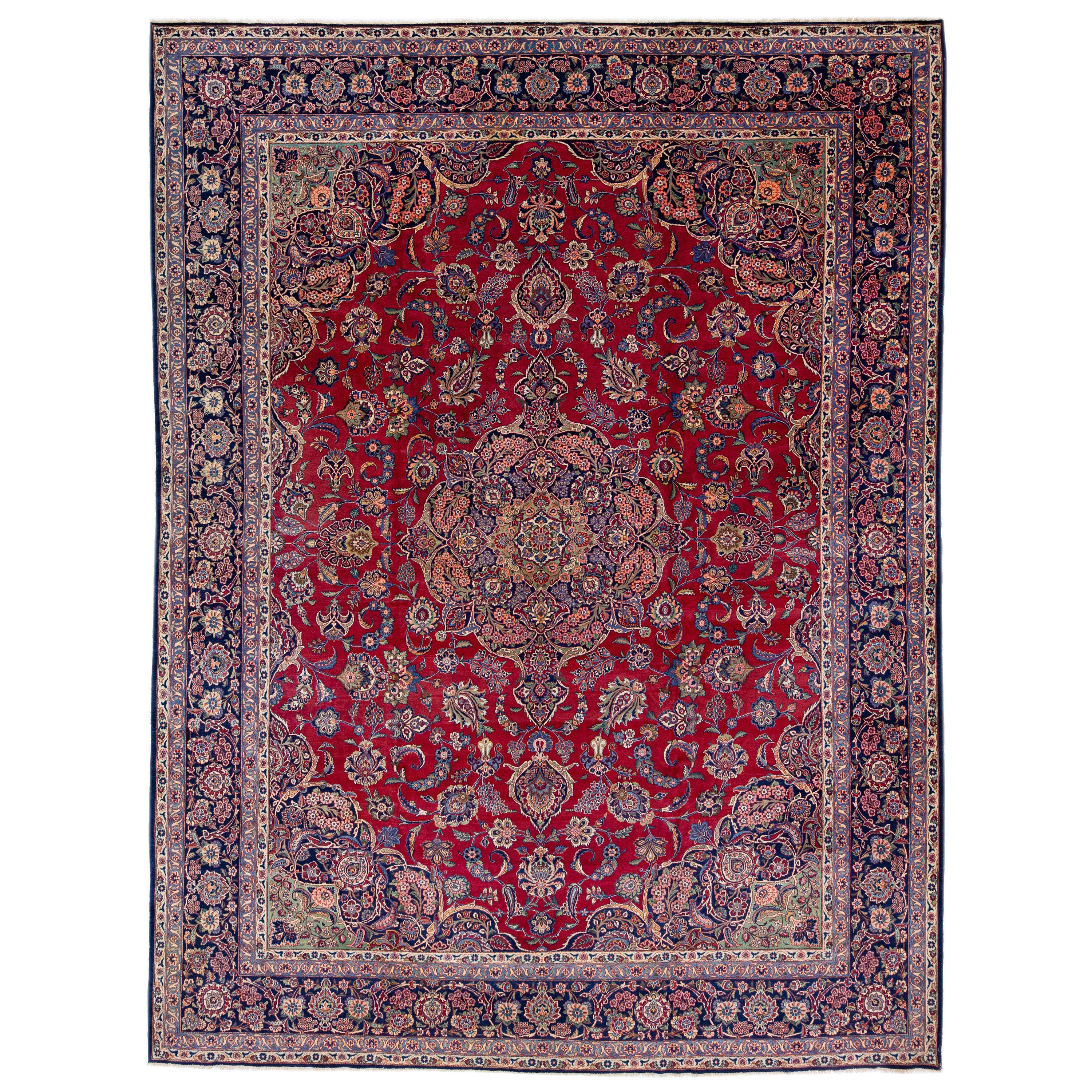 Medallion Antique Persian Kashan Handmade Wool Rug in Red For Sale