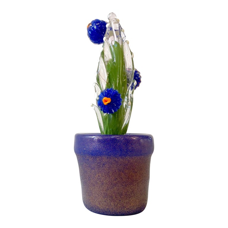 2000s Italian Moss Green Gold Murano Art Glass Cactus Plant with Blue Flowers  For Sale