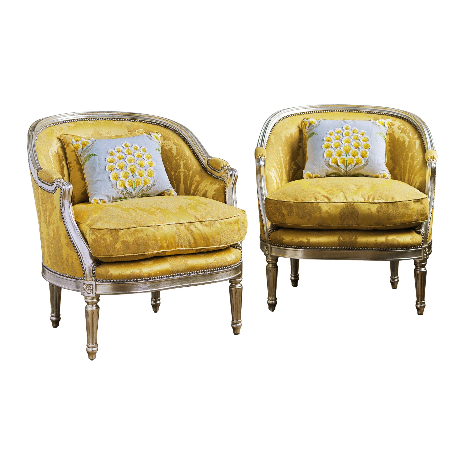 Pair of Silver Gilt Wood Hollywood Regency Style Marquise Armchairs