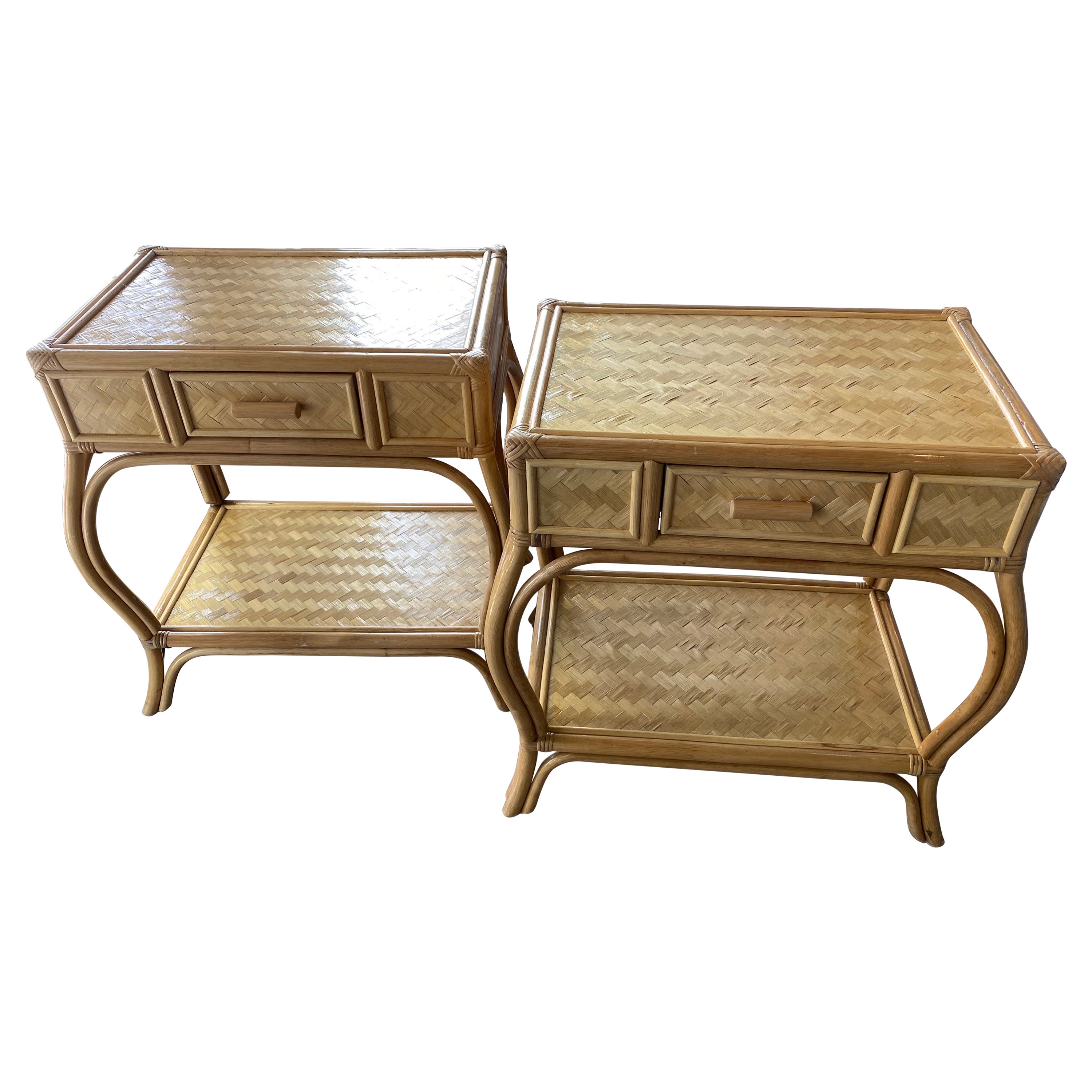 Vintage Pair Rattan Woven Nightstands Night Stands End Side Tables Chests Drawer