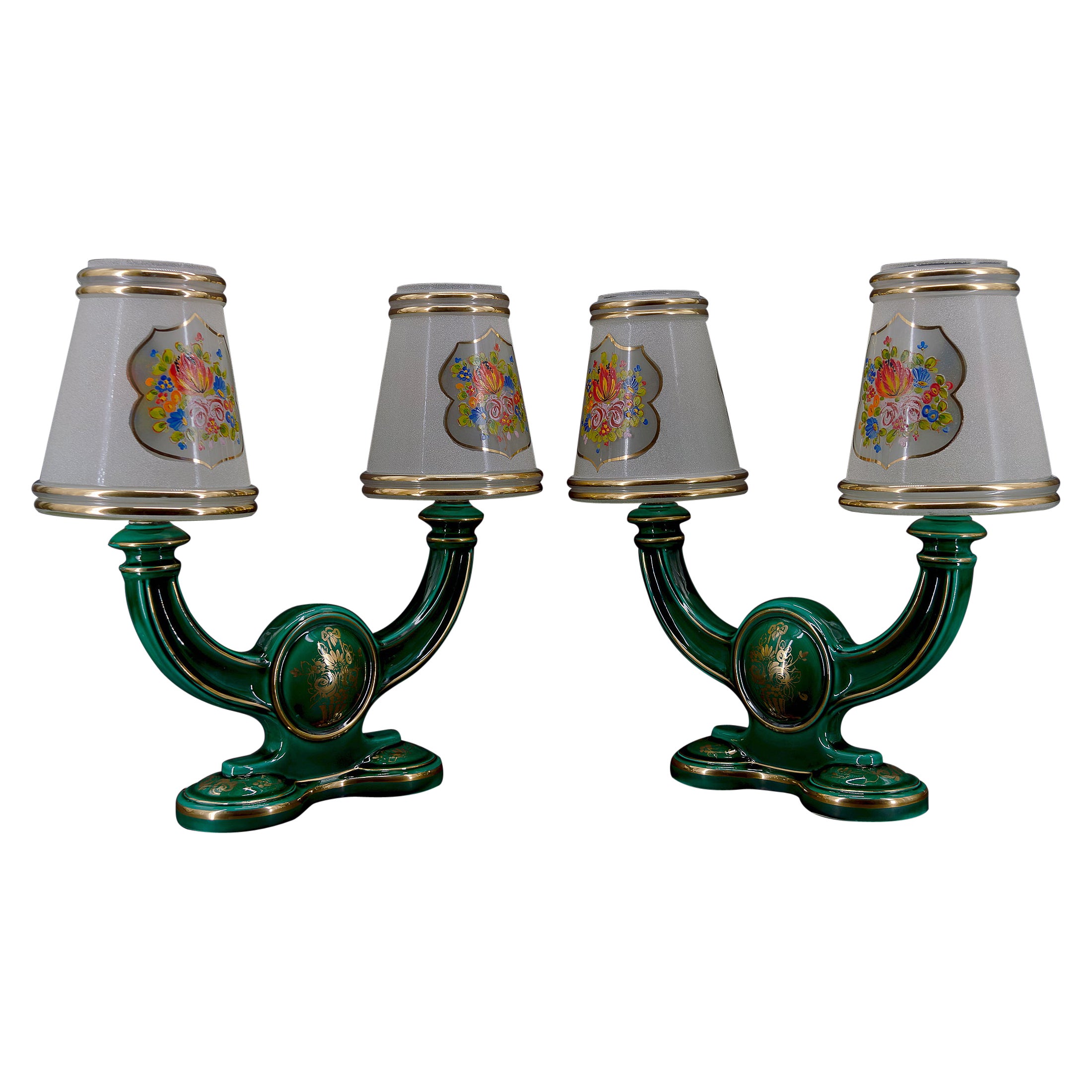 Pair of Green and Gold Earthenware Lamps, circa 1940 For Sale
