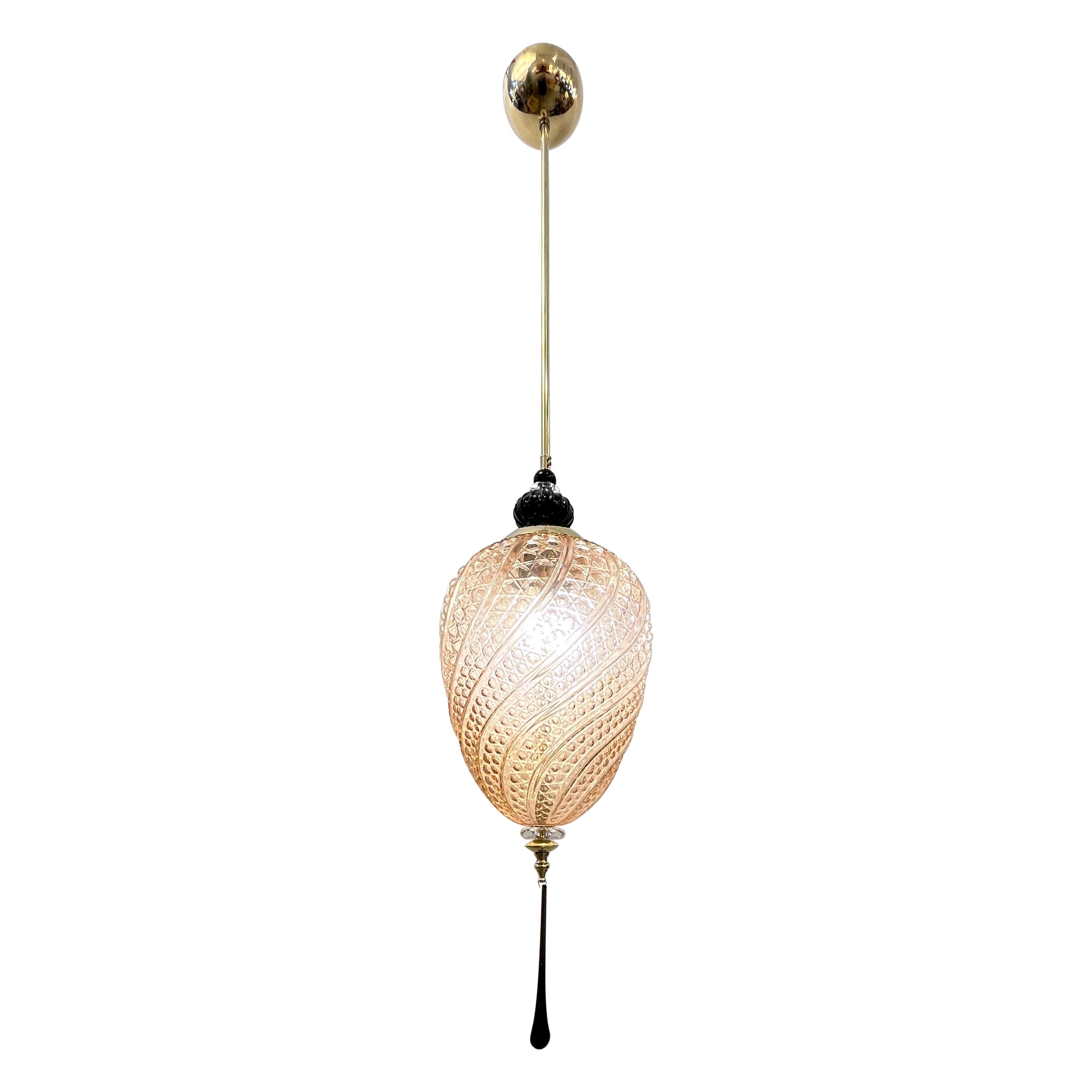 Bespoke Italian Oval Black and Pink Crystal Murano Glass Brass Egg Pendant Light For Sale