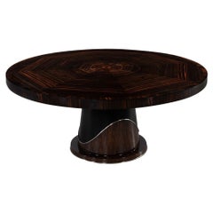 Modern Round Macassar Dining Table with Leather Clad Pedestal