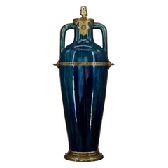 Vase-lampe en céramique bleue Art Nouveau attribué à Paul Milet, France, vers 1900