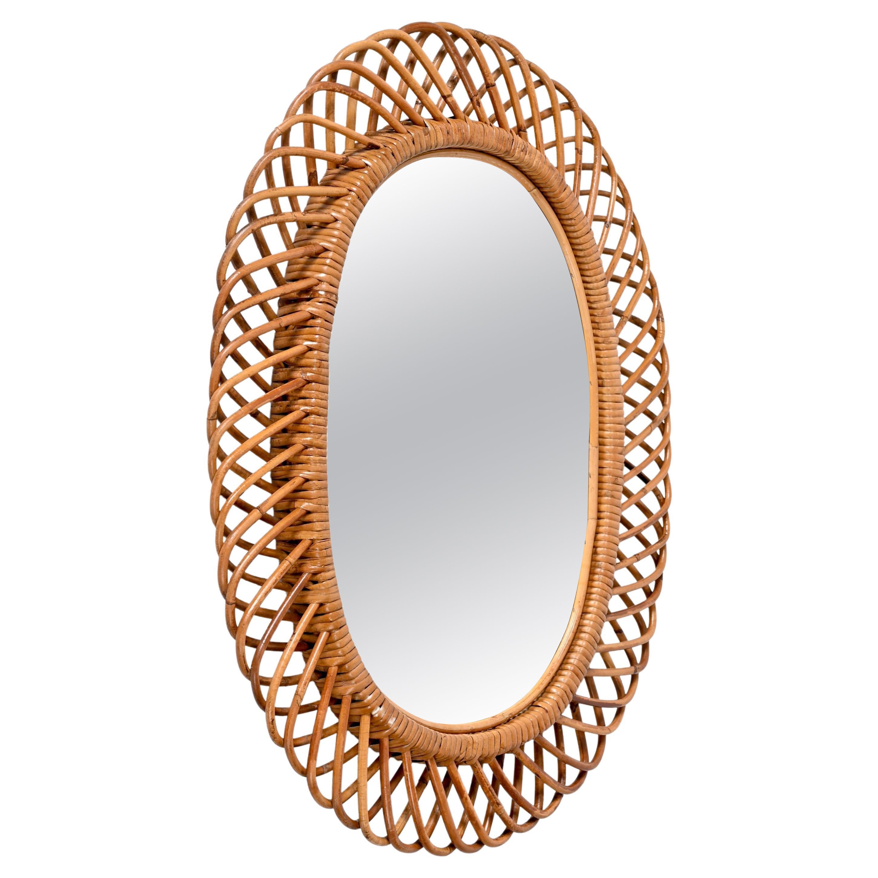 Midcentury French Riviera Bamboo and Rattan Oval Mirror Franco Albini Italy 1960