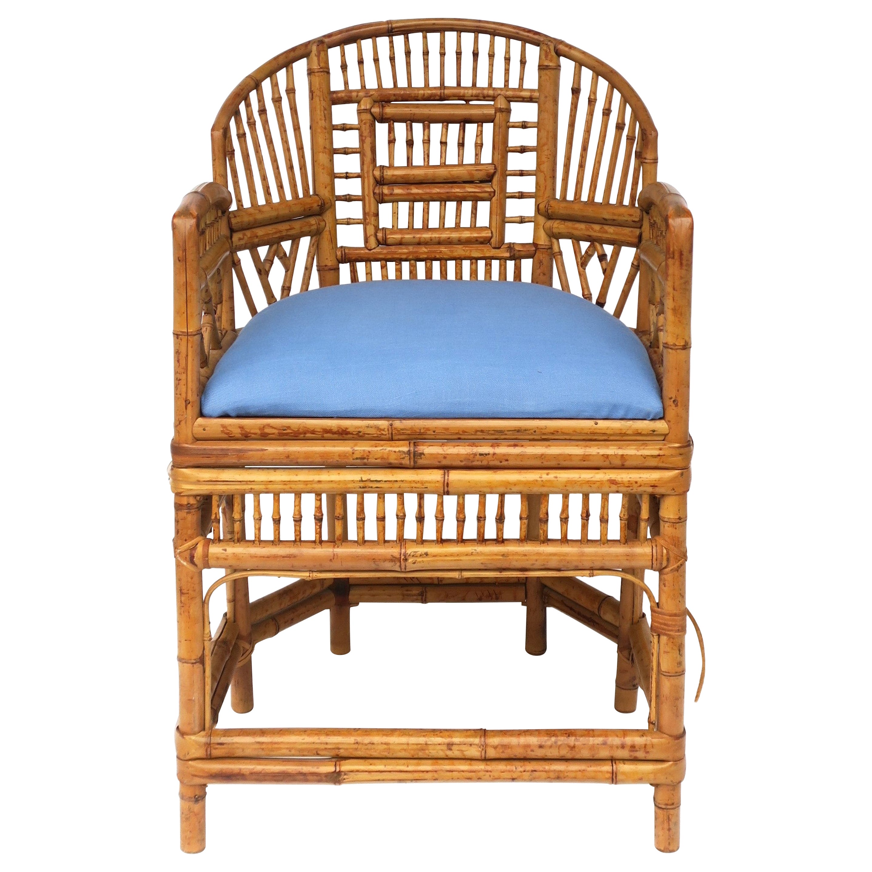 Wicker Bamboo Chair with Blue Upholstered Seat in the Chinoiserie Style