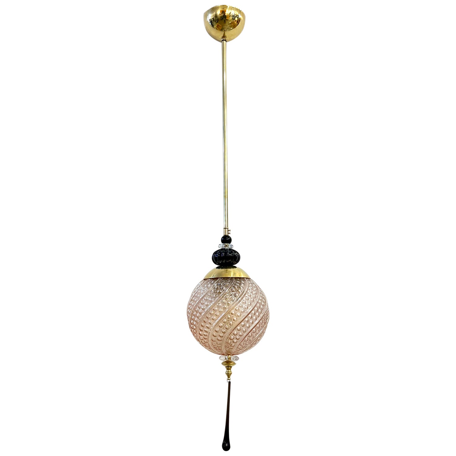 Bespoke Italian Black & Pink Crystal Murano Glass Brass Pendant Big Globe Light For Sale