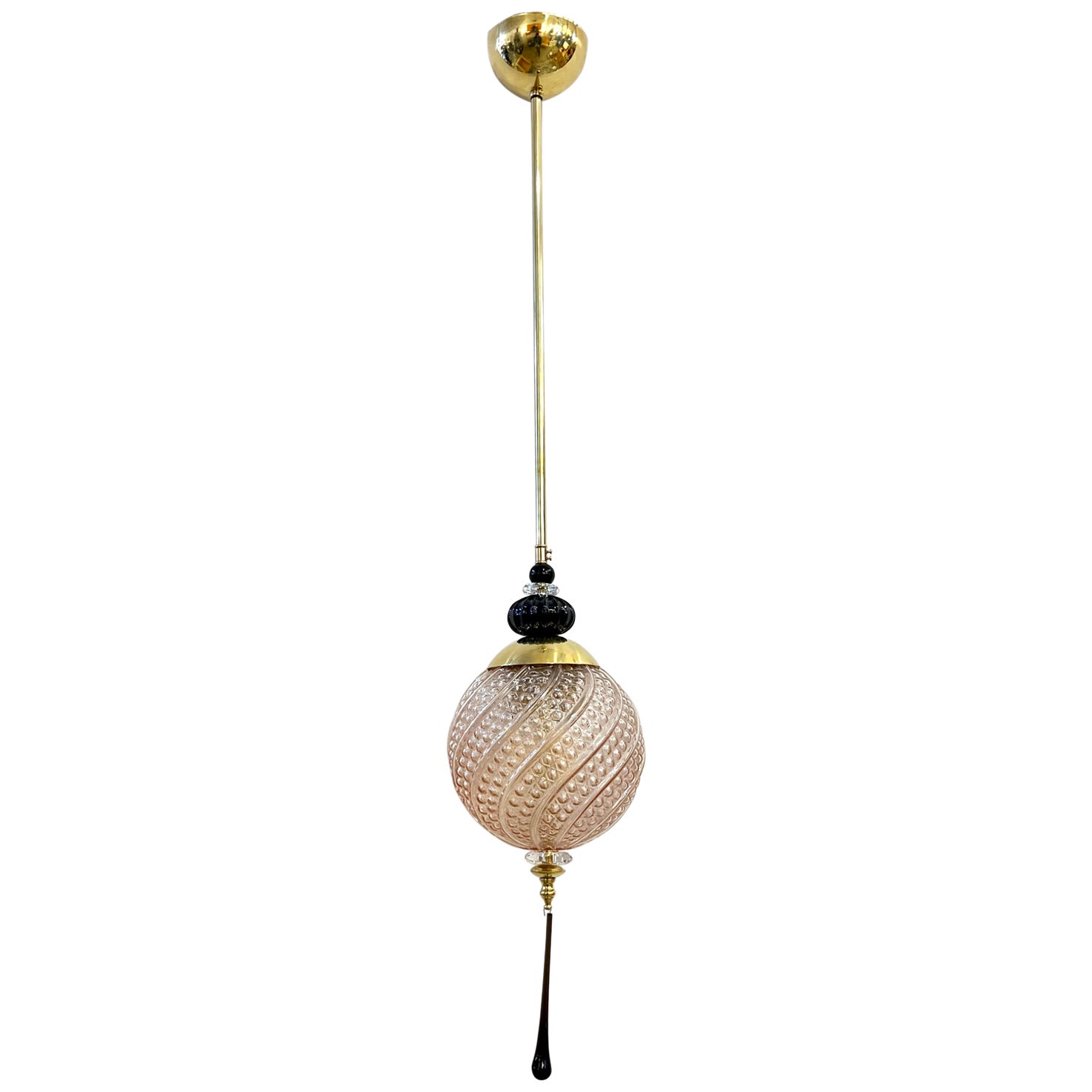 Bespoke Italian Black & Pink Crystal Murano Glass Brass Pendant Big Globe Light