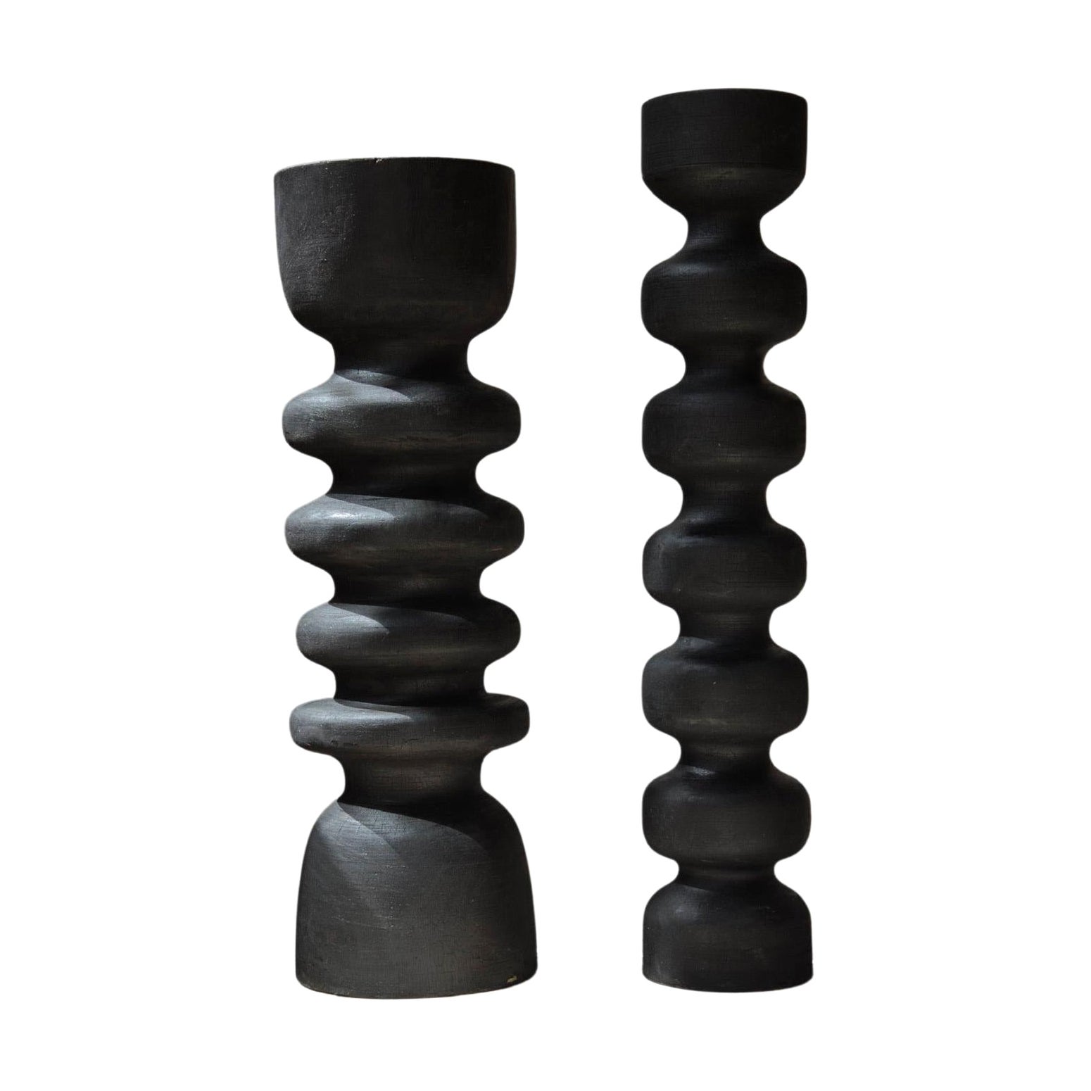 Set of 2 Black Burned Totem Candleholders by Daniel Orozco