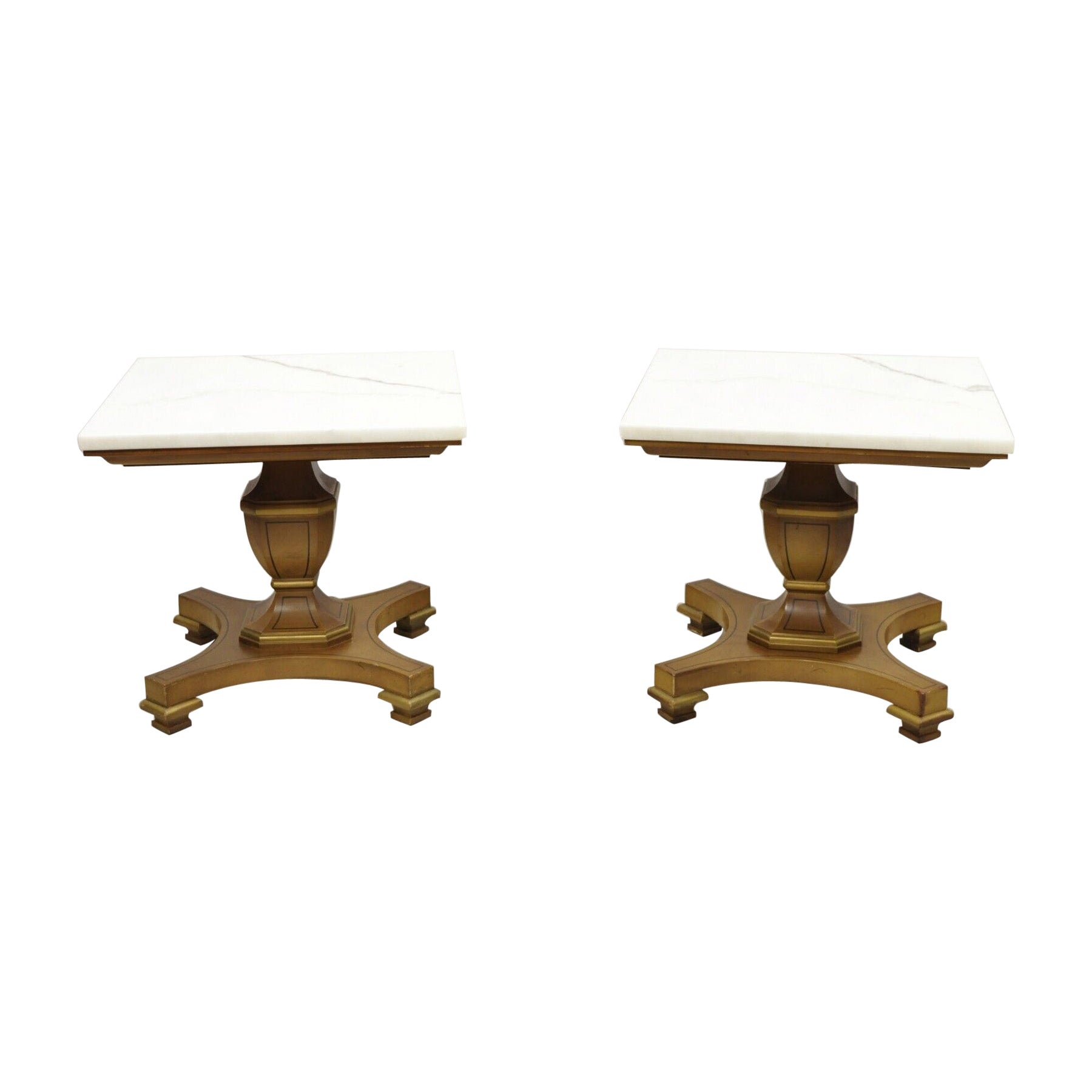 Vintage Low Marble Top Empire Style Pedestal Side Tables by Imperial, a Pair For Sale