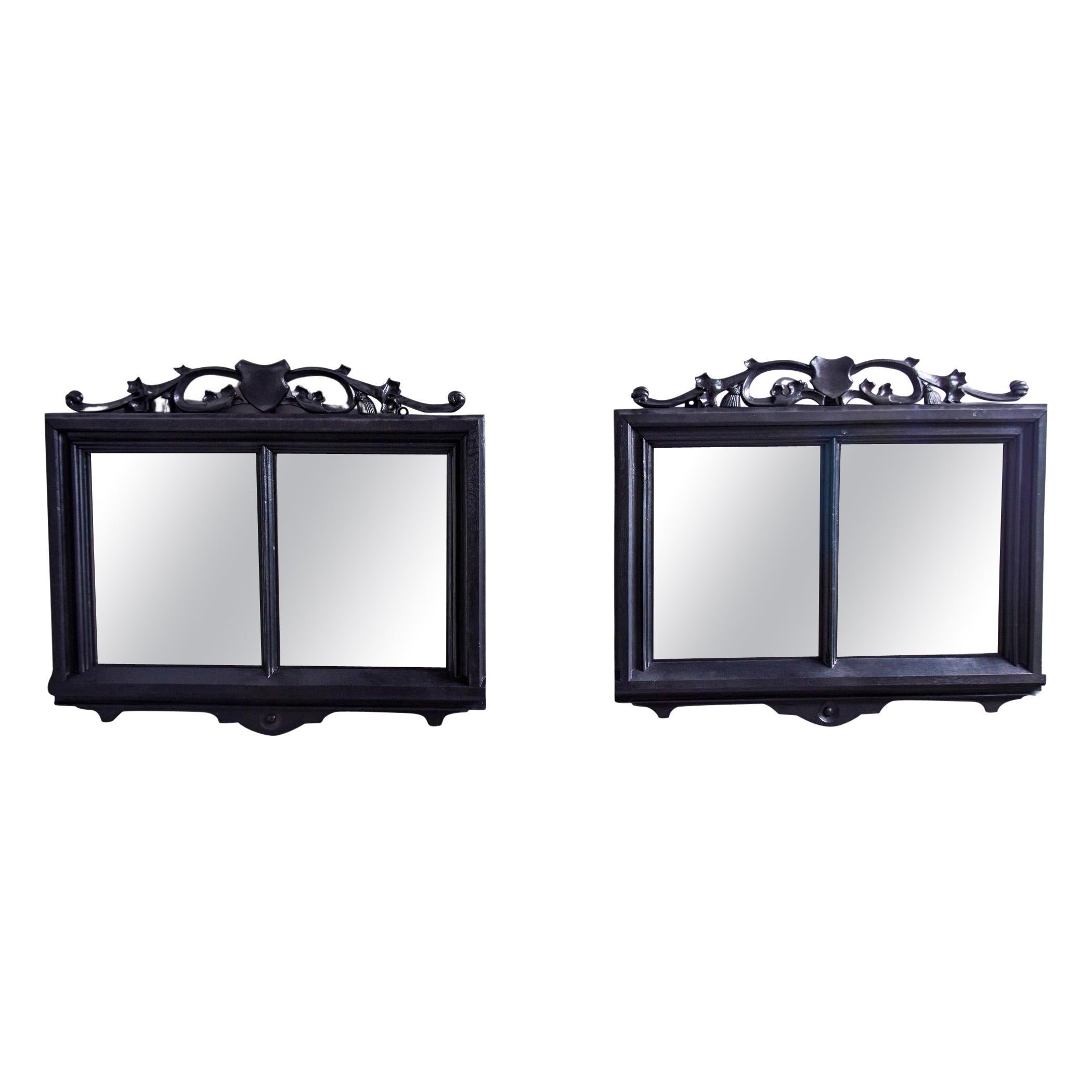 Pair French Mirrors with Shield Crest and Double Pane Black Finish Frame For Sale