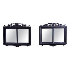 Antique Pair French Mirrors with Shield Crest and Double Pane Black Finish Frame