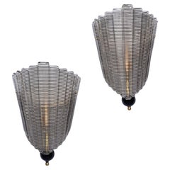 Pair New Textured Smoky Murano Glass Fan-Shaped Sconces With Black Finial