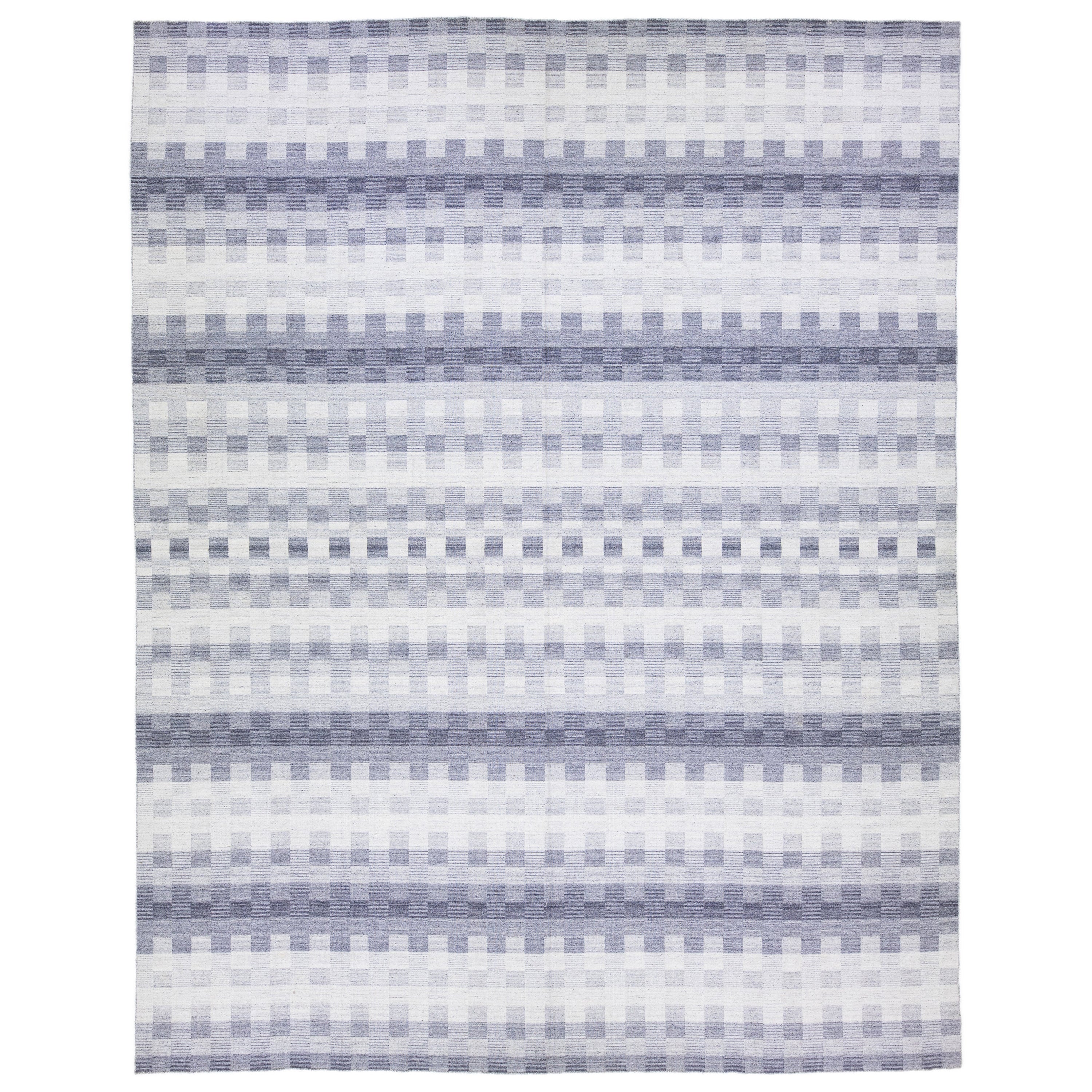 Gray Modern Kilim Flatweave Wool Rug with Geometric Design For Sale
