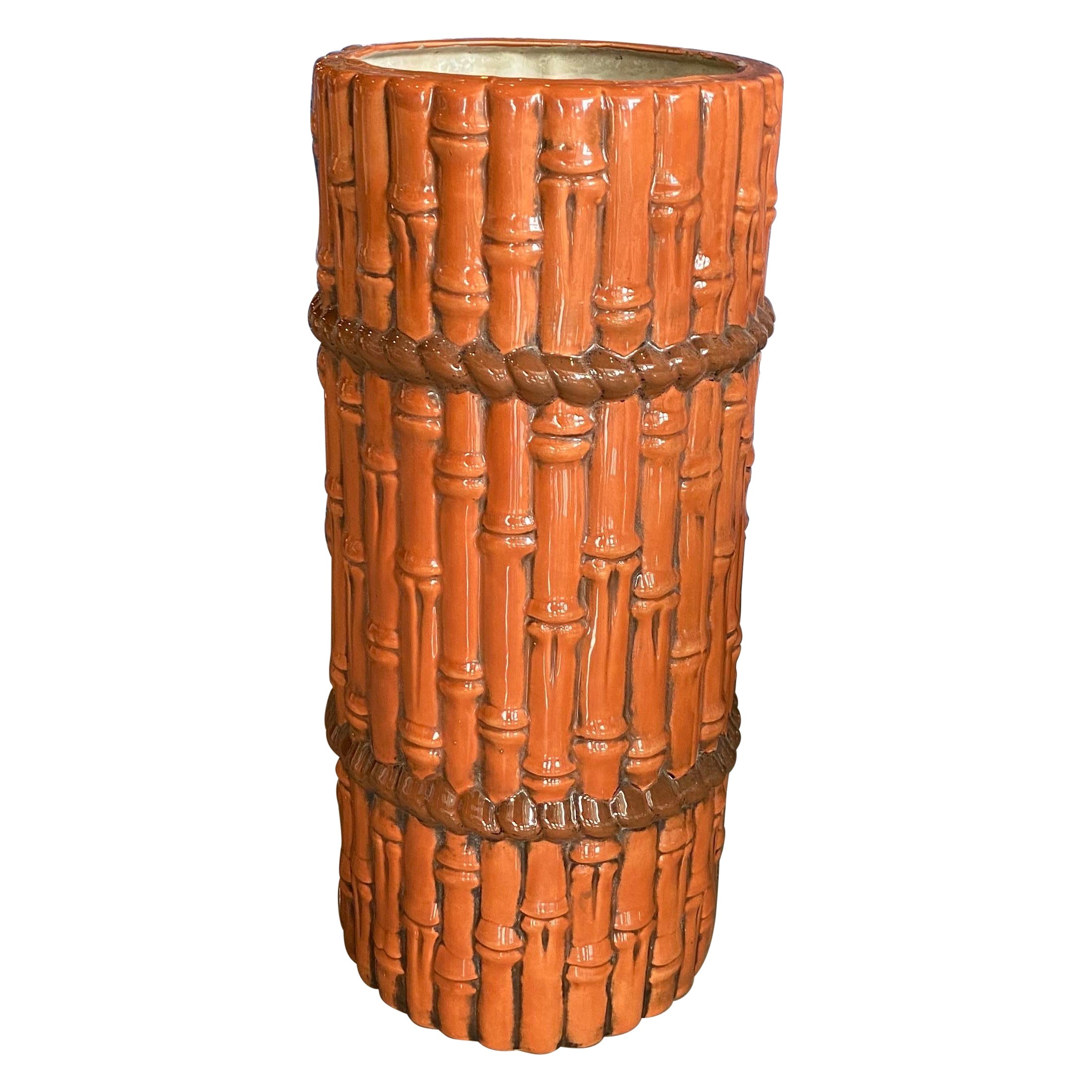 Vintage Burnt Orange Ceramic Faux Bamboo Umbrella Stand  For Sale